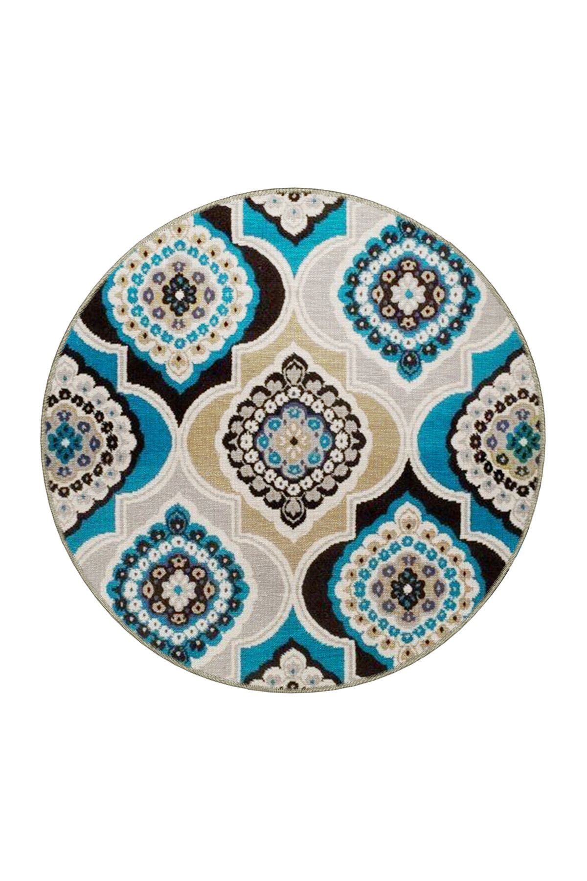 Mavi Bej Temalı Geleneksel Motif Çiçek Desenli Vintage Dekoratif Halı 4658