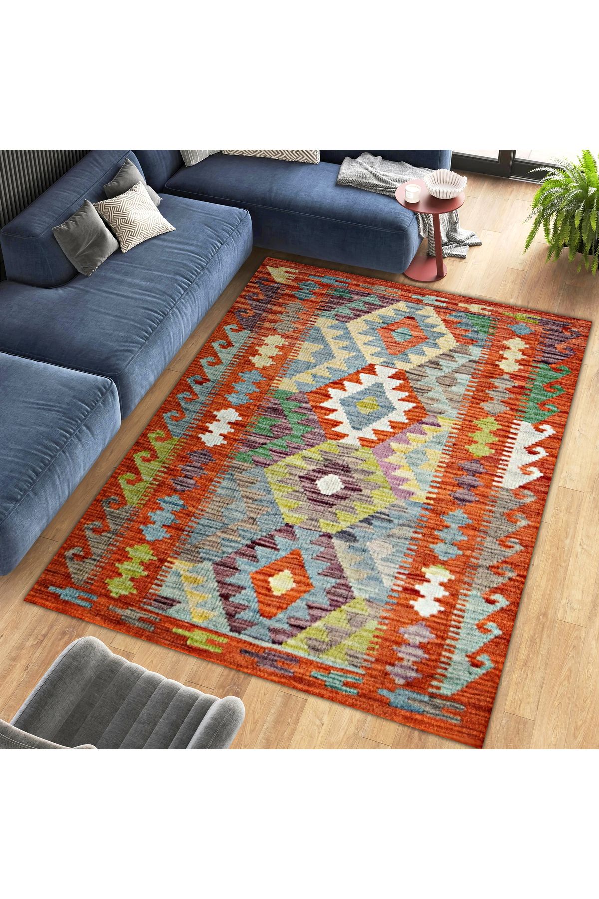 Asena Koleksiyonu Çok Renkli Geometrik Şekilli İskandinav Desenli Vintage Dekoratif Halı 01