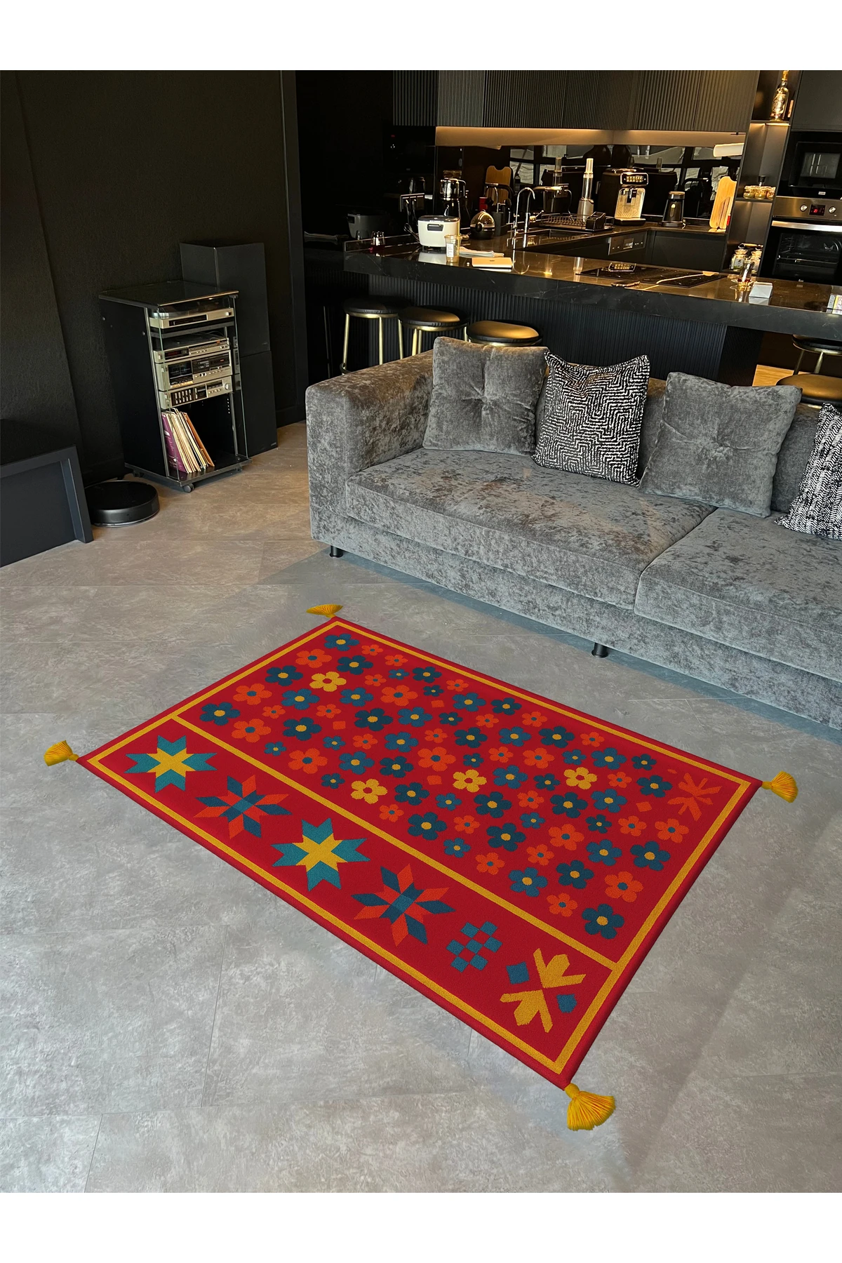 MOSSO Çiçekli Çok Renkli Desen Püsküllü Modern Dekoratif Halı mosso473