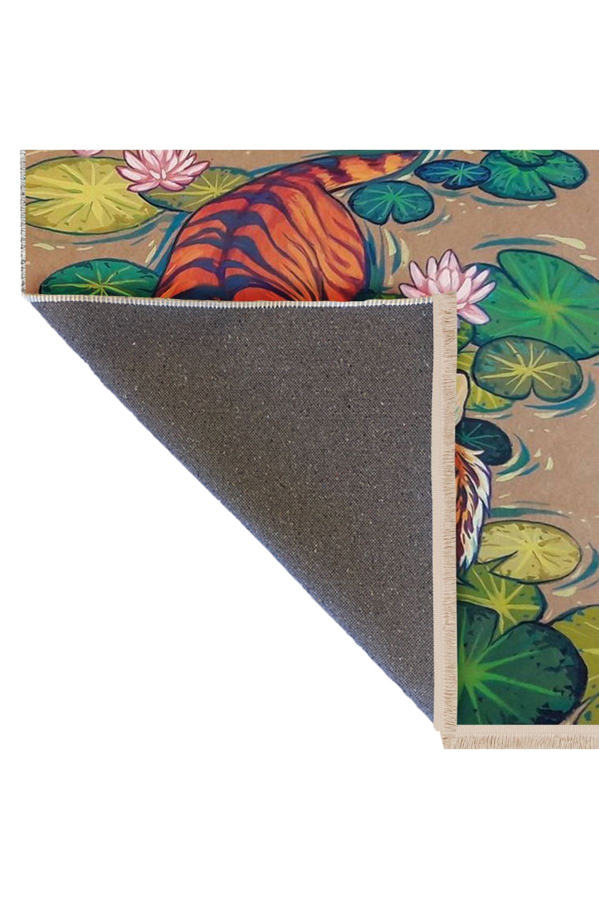 Yılmaz Koleksiyonu Çok Renkli Gölde Lotus Çiçekleri ve Kaplan Desenli Modern Dekoratif Halı yılmaz33