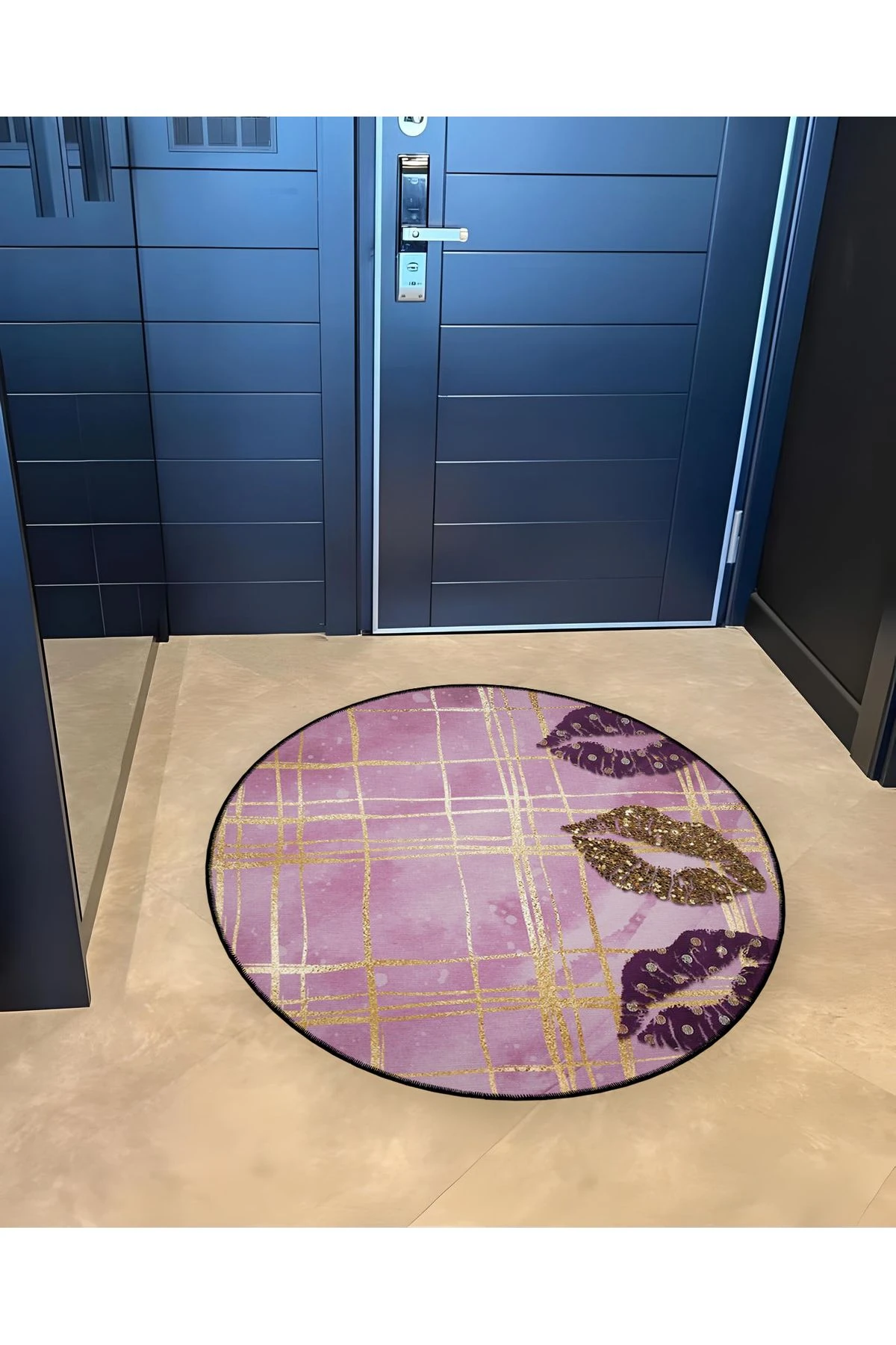 Mira Yuvarlak Pembe Ekose Altın Dudak Ruj Desenli Detaylı Dokuma Taban Modern Dekoratif Halı 5596