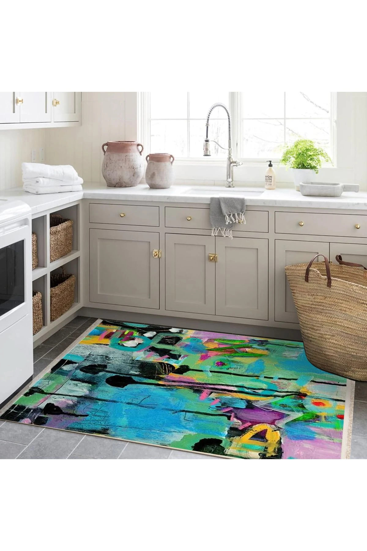 Özge Koleksiyonu Yağlı Boya Görünümlü Çok Renkli Soyut Desenli Dokuma Taban Dekoratif Halı özge16