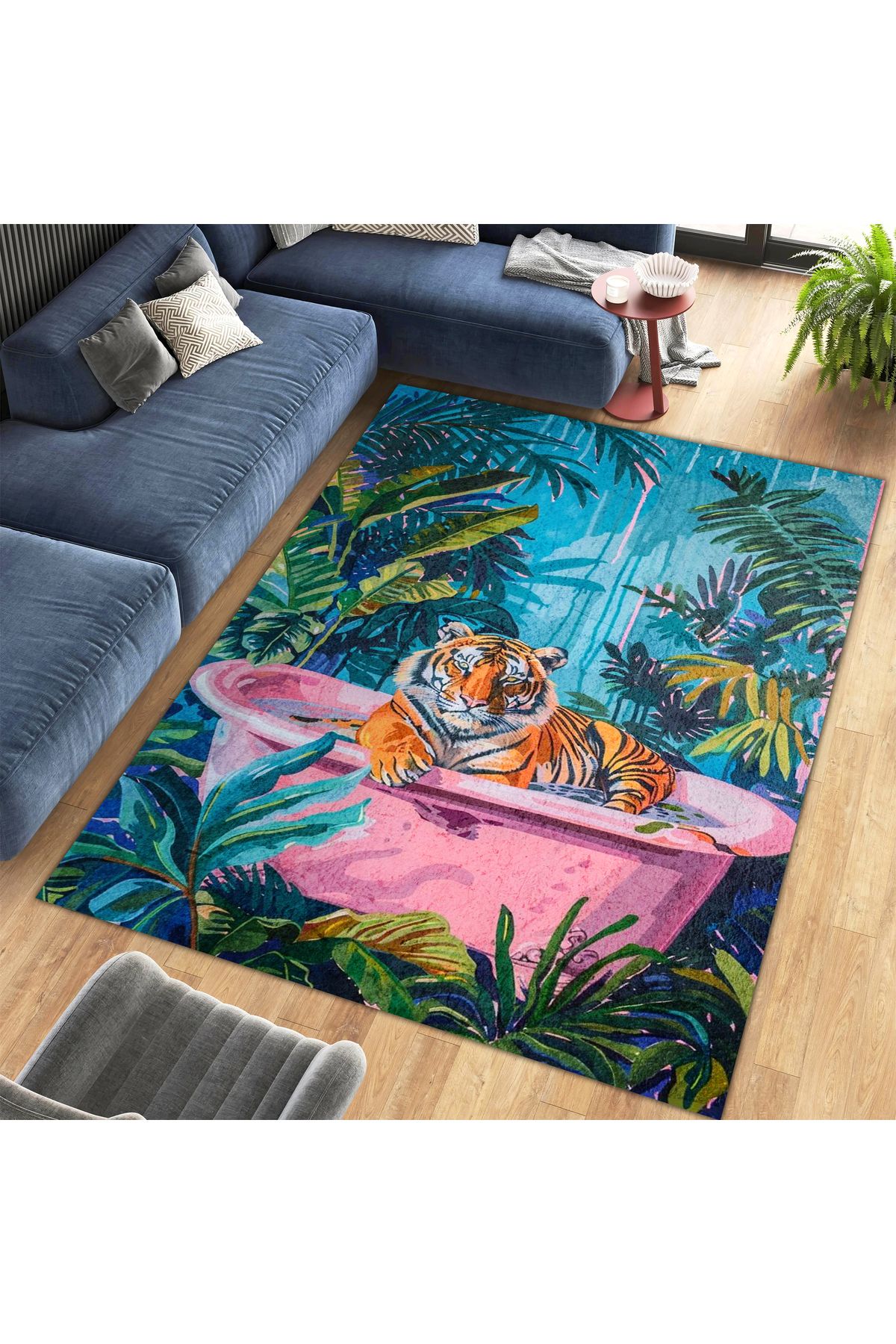 Kuzey Koleksiyonu Doğa Temalı Pembe Küvette Kaplan Desenli Dokuma Taban Dekoratif Halı kuzey38