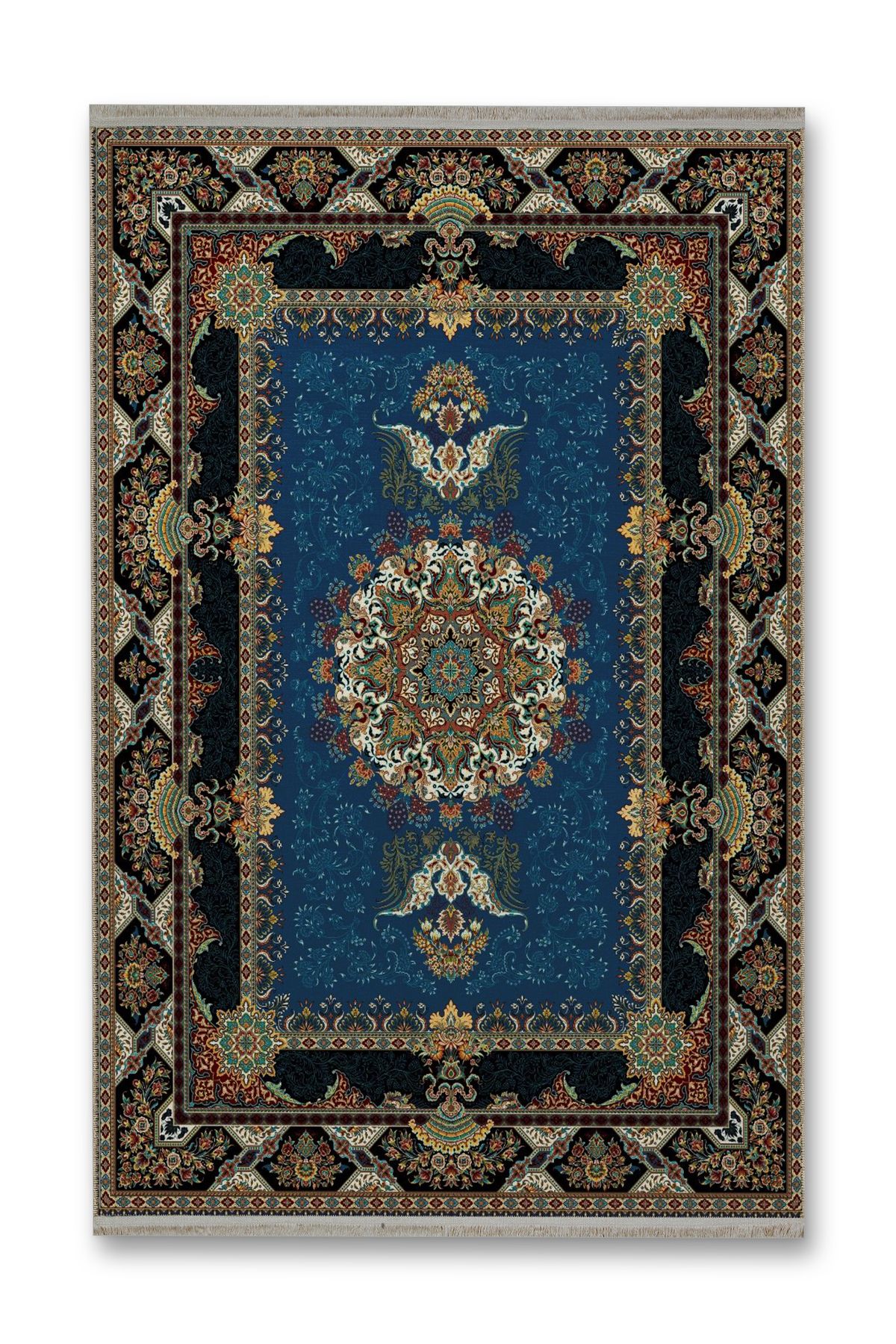 Bej Yeşil Bordür Detaylı Lacivert Desenli Etnik Serisi Modern Dekoratif Halı etnik08