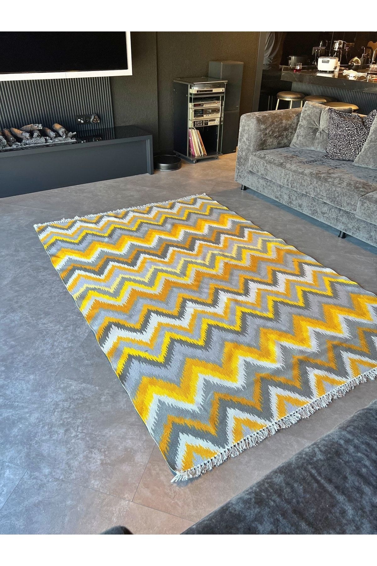 Cotton 543 Sarı Ve Gri Zigzag Desenli Kilim