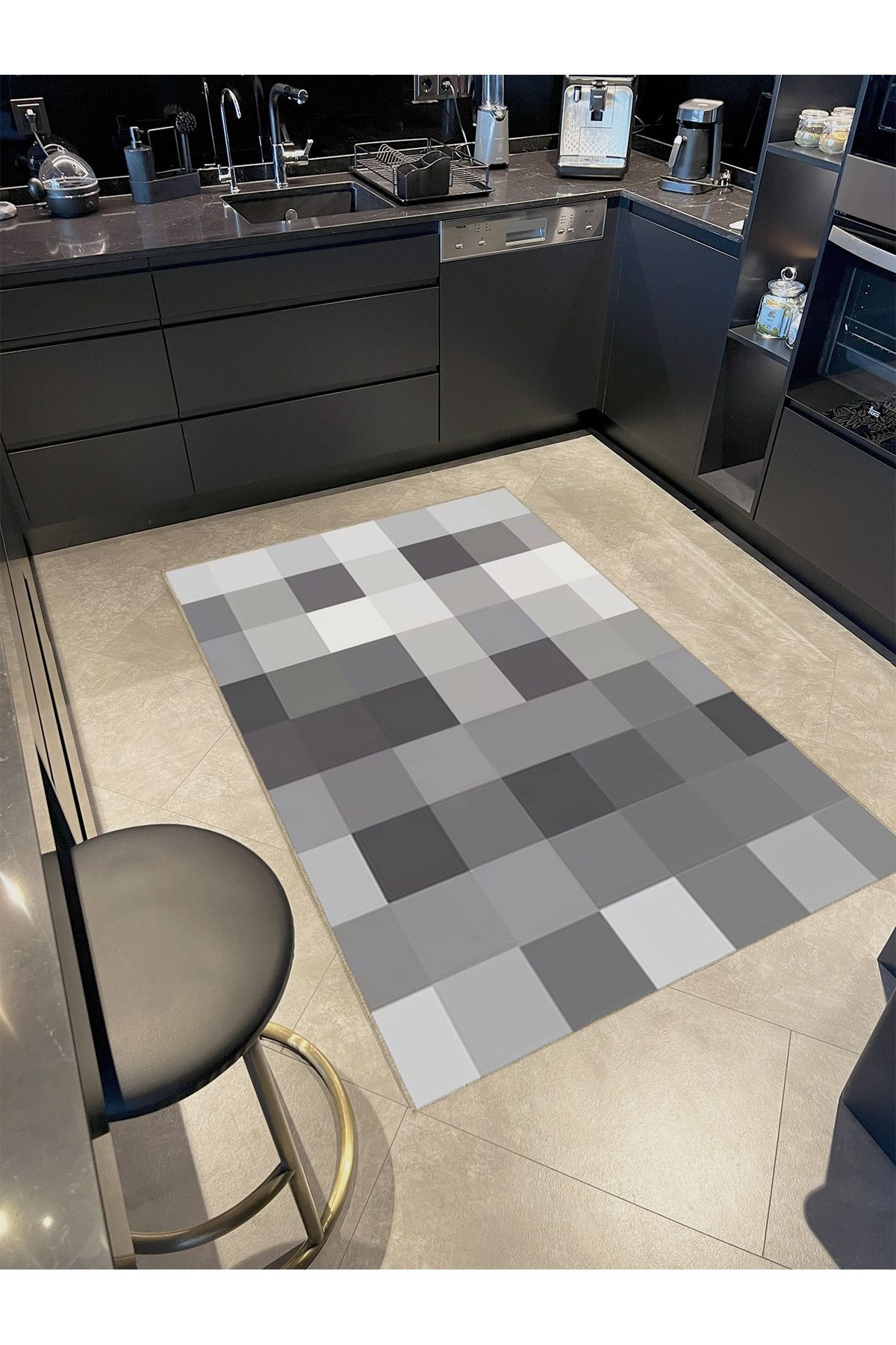 Ametist Serisi Gri Tonlarda Piksel Patchwork Desenli Dokuma Taban Modern Dekoratif Halı ametist24