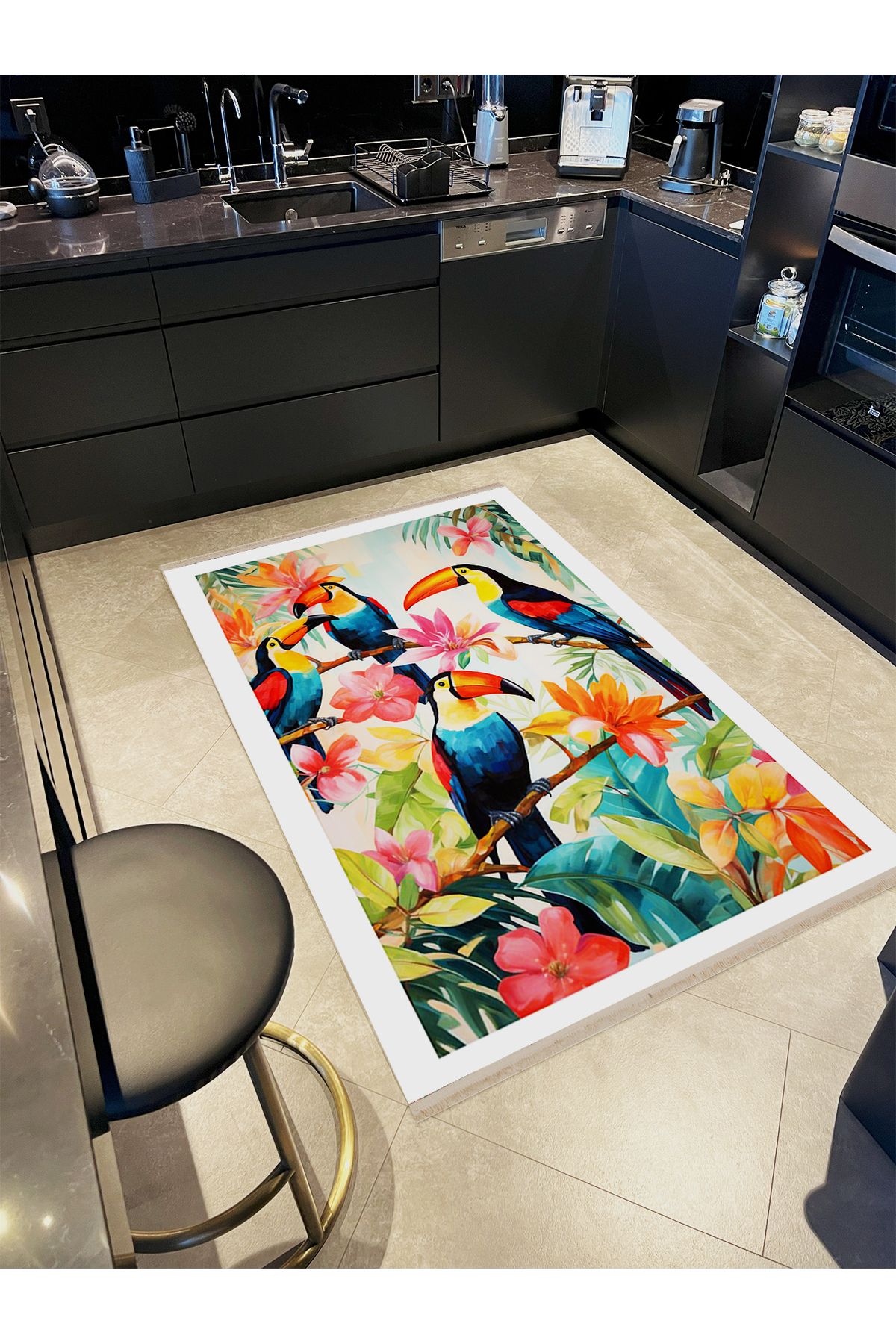 Özge Koleksiyonu Tropikal Çiçekler ve Papağanlar Desenli Dokuma Taban Modern Dekoratif Halı özge42