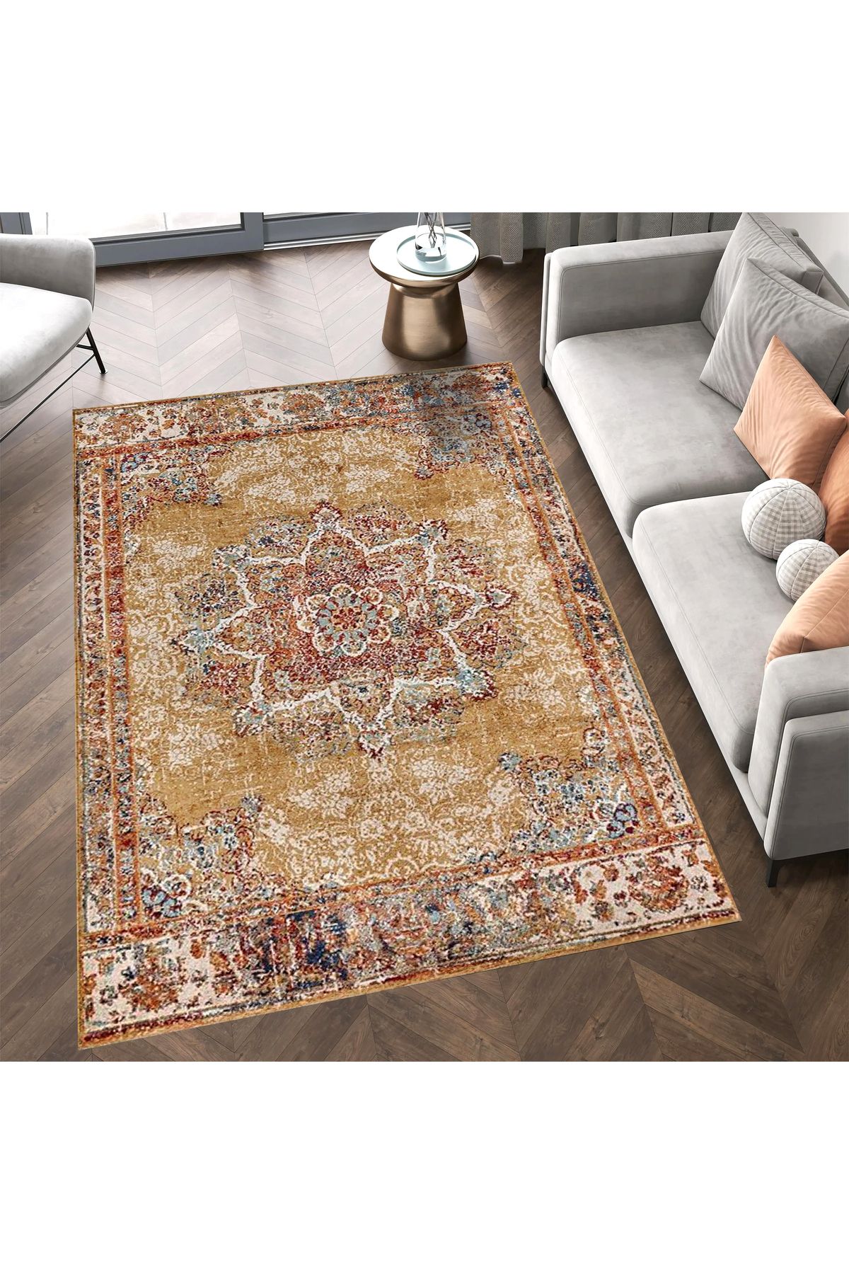 Kuzey Koleksiyonu Turuncu Kahve Tonlarda Eskitme Görünümlü Etnik Dokuma Taban Dekoratif Halı kuzey11