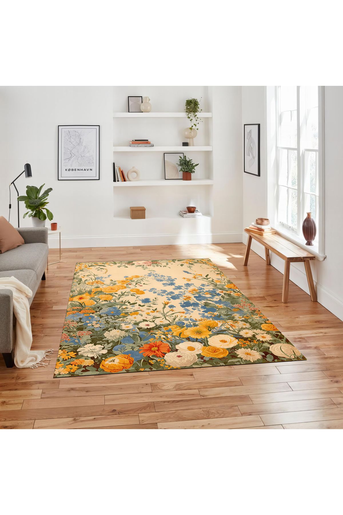 Paris Koleksiyonu Turuncu Tonlarda Çiçek Desenli Modern Dekoratif Halı paris12