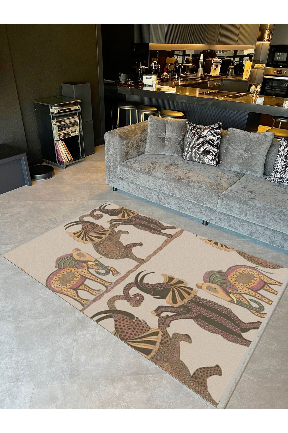 Güney Koleksiyonu Soyut Tema Dans Eden Fil Figürleri Desenli Modern Dekoratif Halı 04