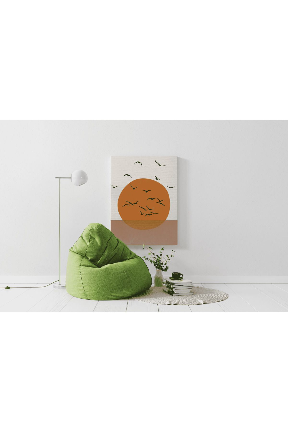 Kanvas Tablo Turuncu Bej Ton Soyut Güneş ve Kuş Desen