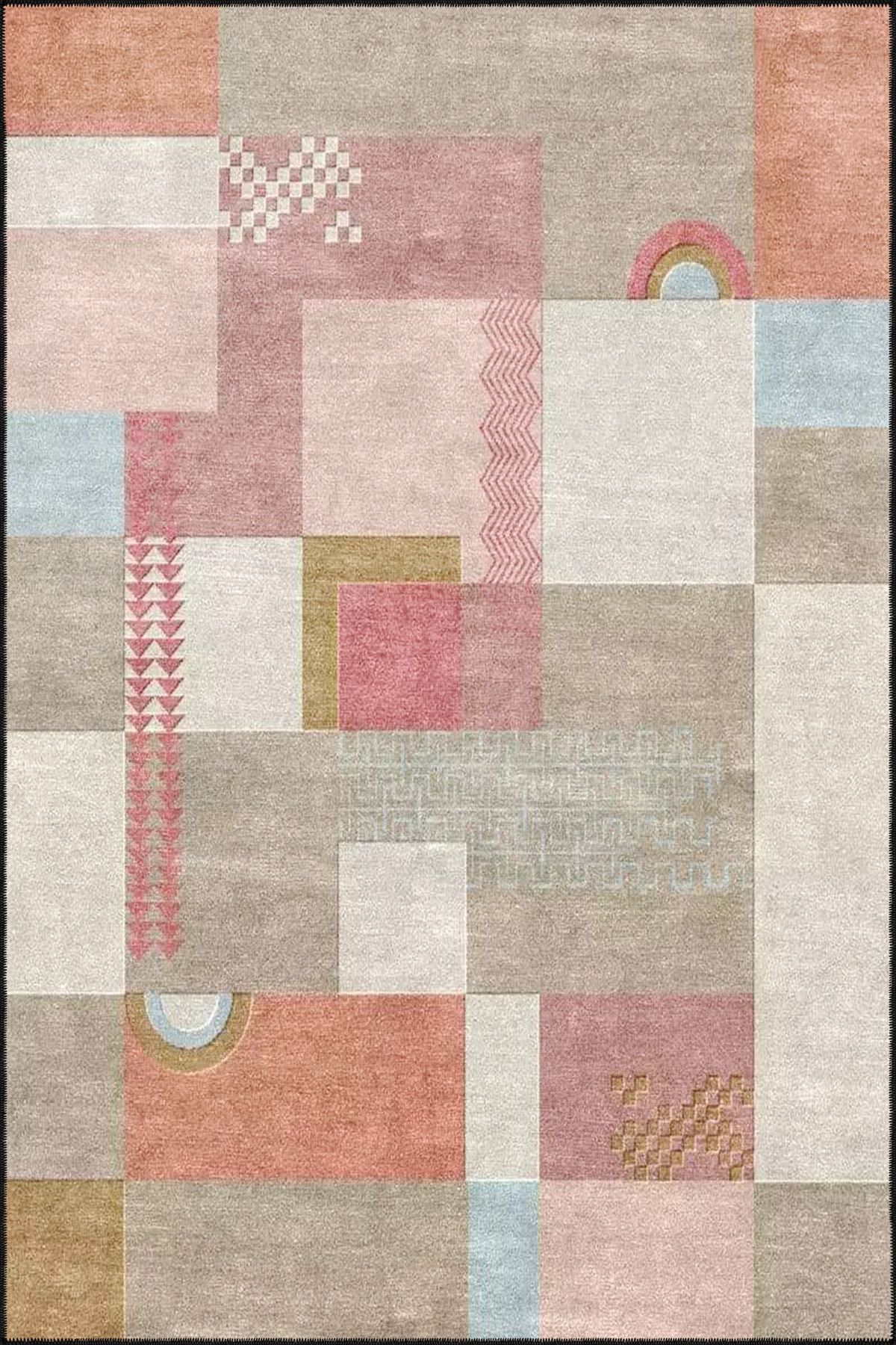 Pembe Krem Kareli Desenli Dekoratif Halı miravip893