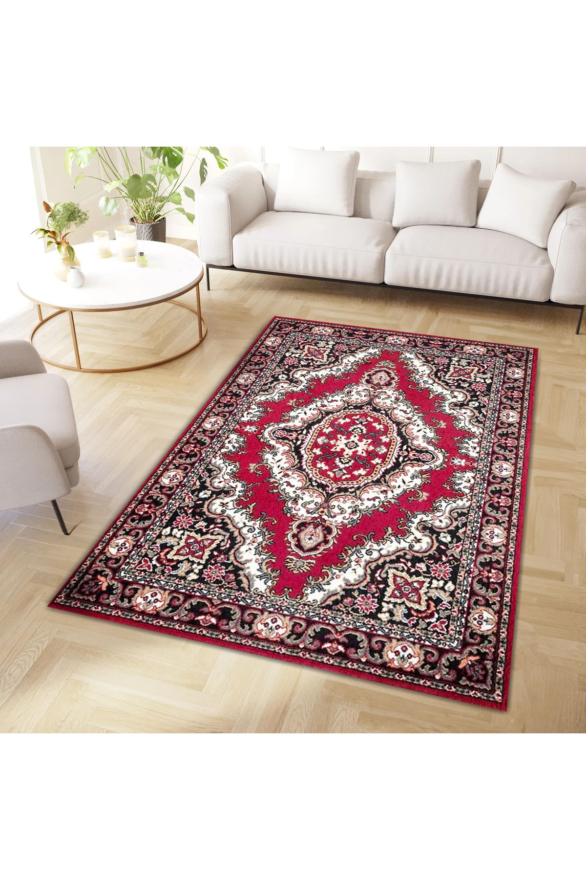 Kuzey Koleksiyonu Kırmızı Siyah Beyaz Etnik Desenli Dokuma Taban Dekoratif Halı kuzey08