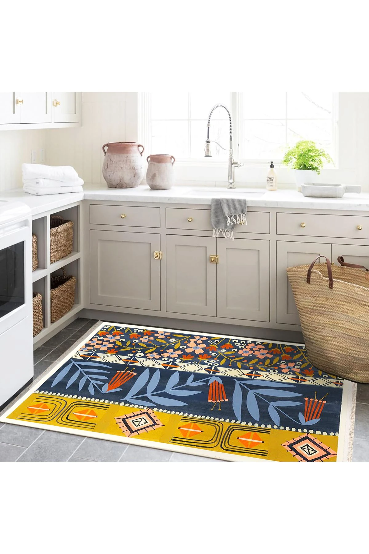 Özge Koleksiyonu Çok Renkli Çiçek ve Kreatif Şekiller Desenli Dokuma Taban Dekoratif Halı özge28