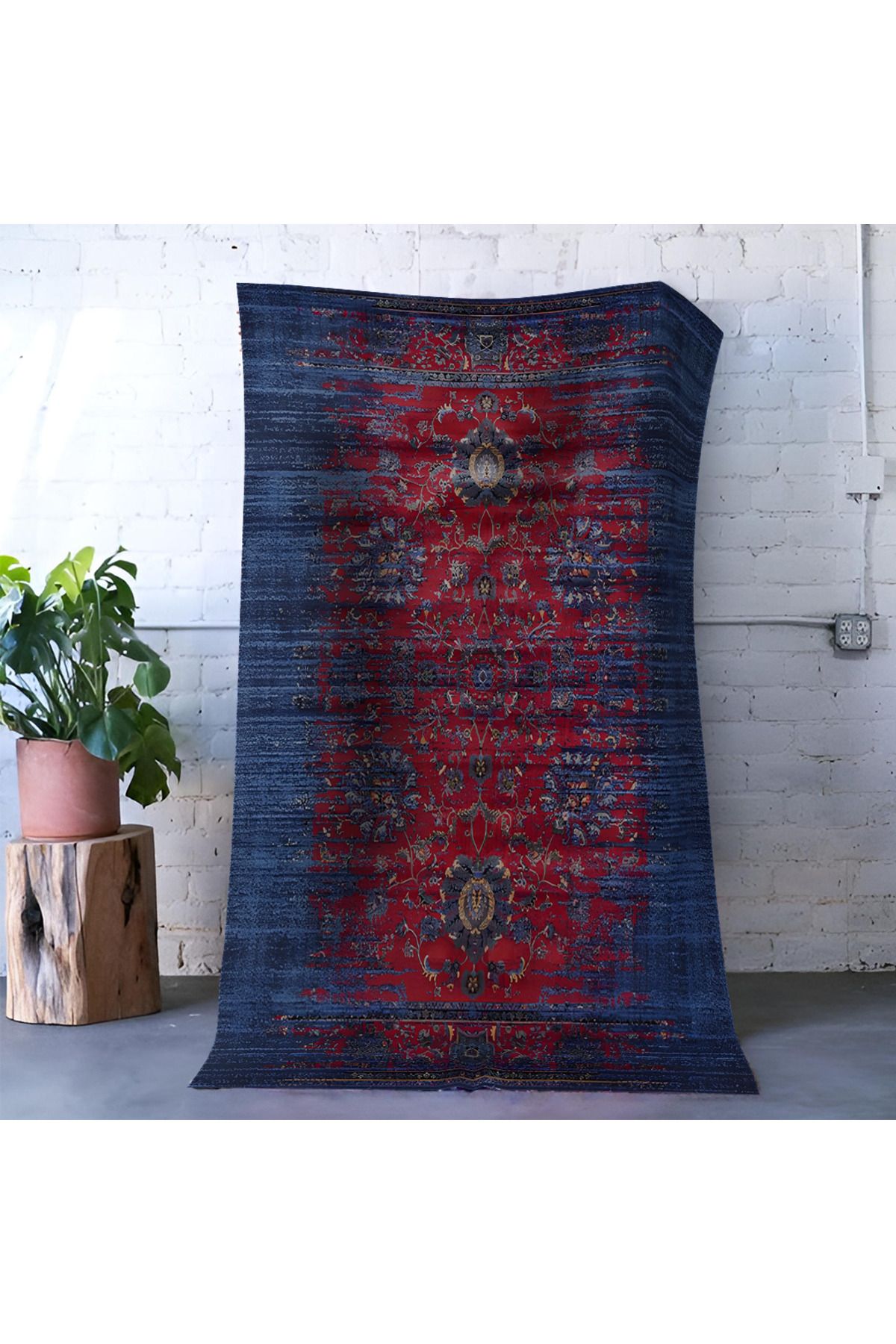 Mavi Bordo Temalı Geleneksel Motif Desenli Vintage Dekoratif Halı 1678