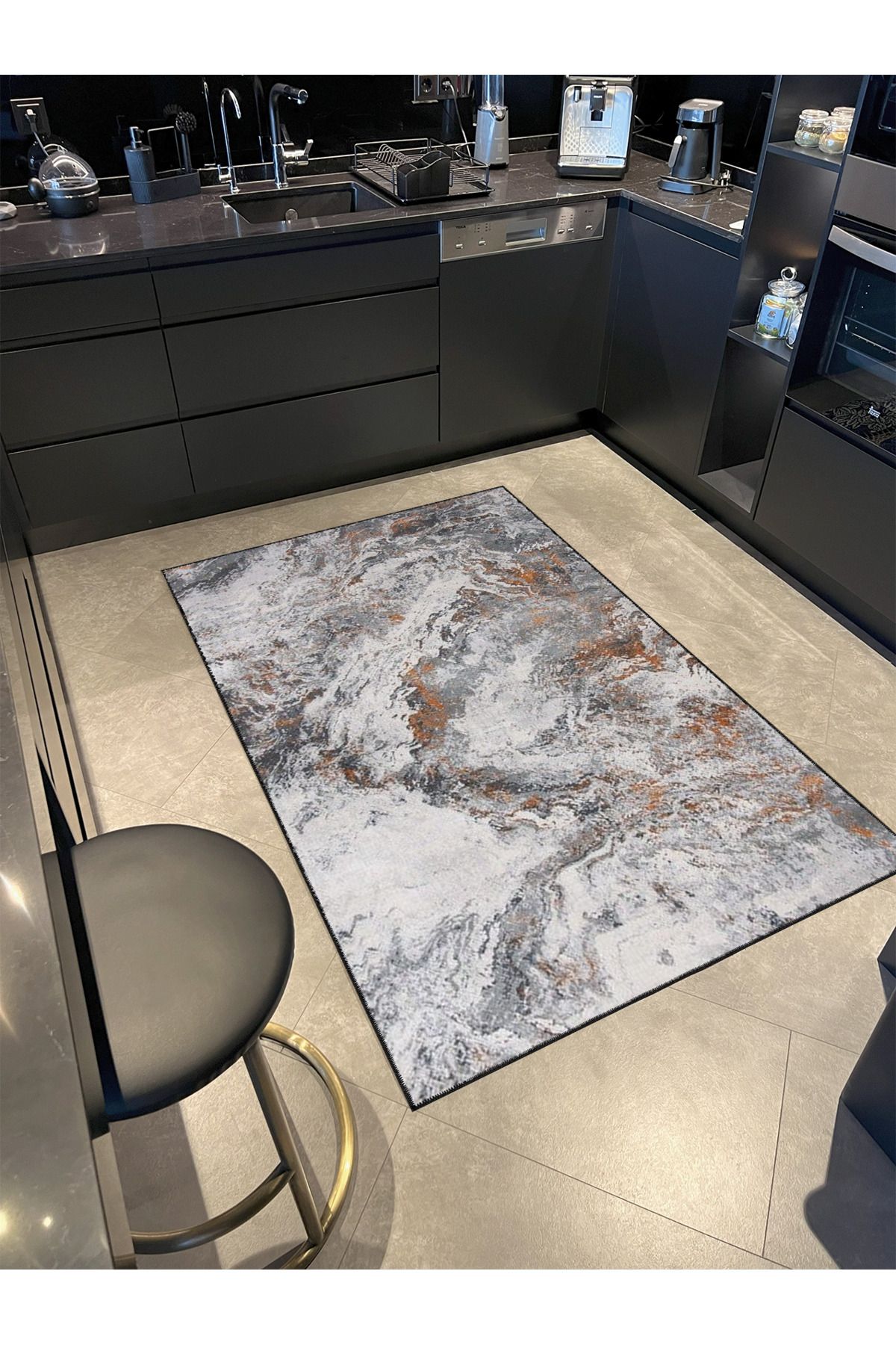 Gri Temalı Abstract Soyut Desenli Kreatif Modern Dekoratif Halı 3855