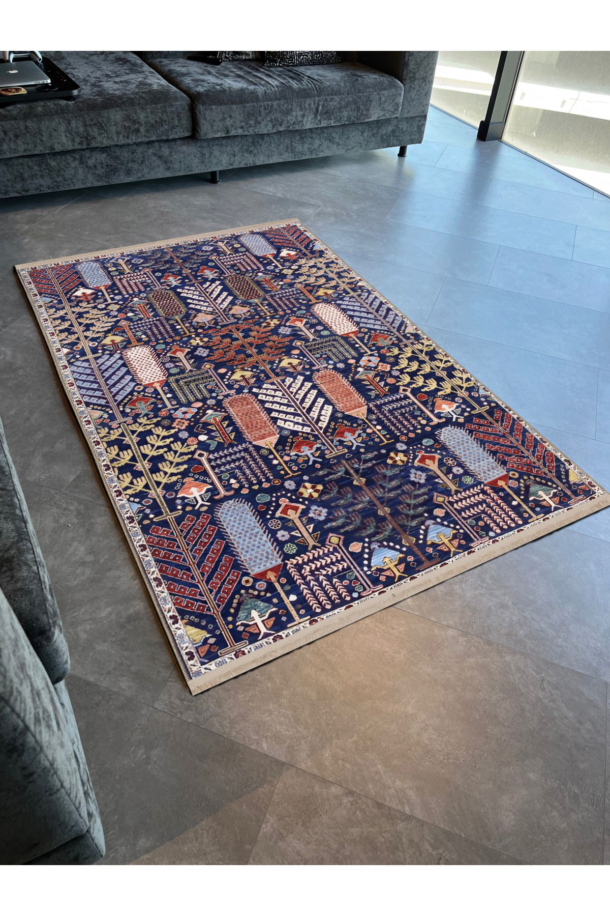 Lacivert Temalı Çok Renkli Karmaşık Şekil Desenli Modern Dekoratif Halı 1959