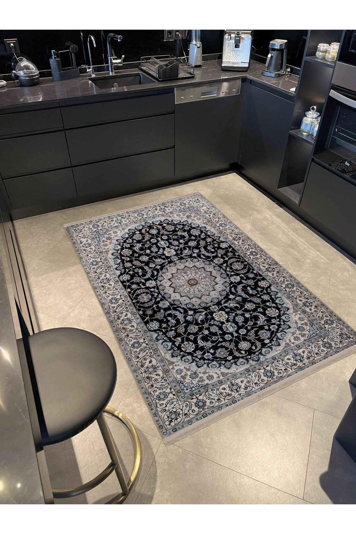 Açık Ton Bej Mavi Temalı Geleneksel Motif Etnik Desenli Kreatif Vintage Dekoratif Halı 2395