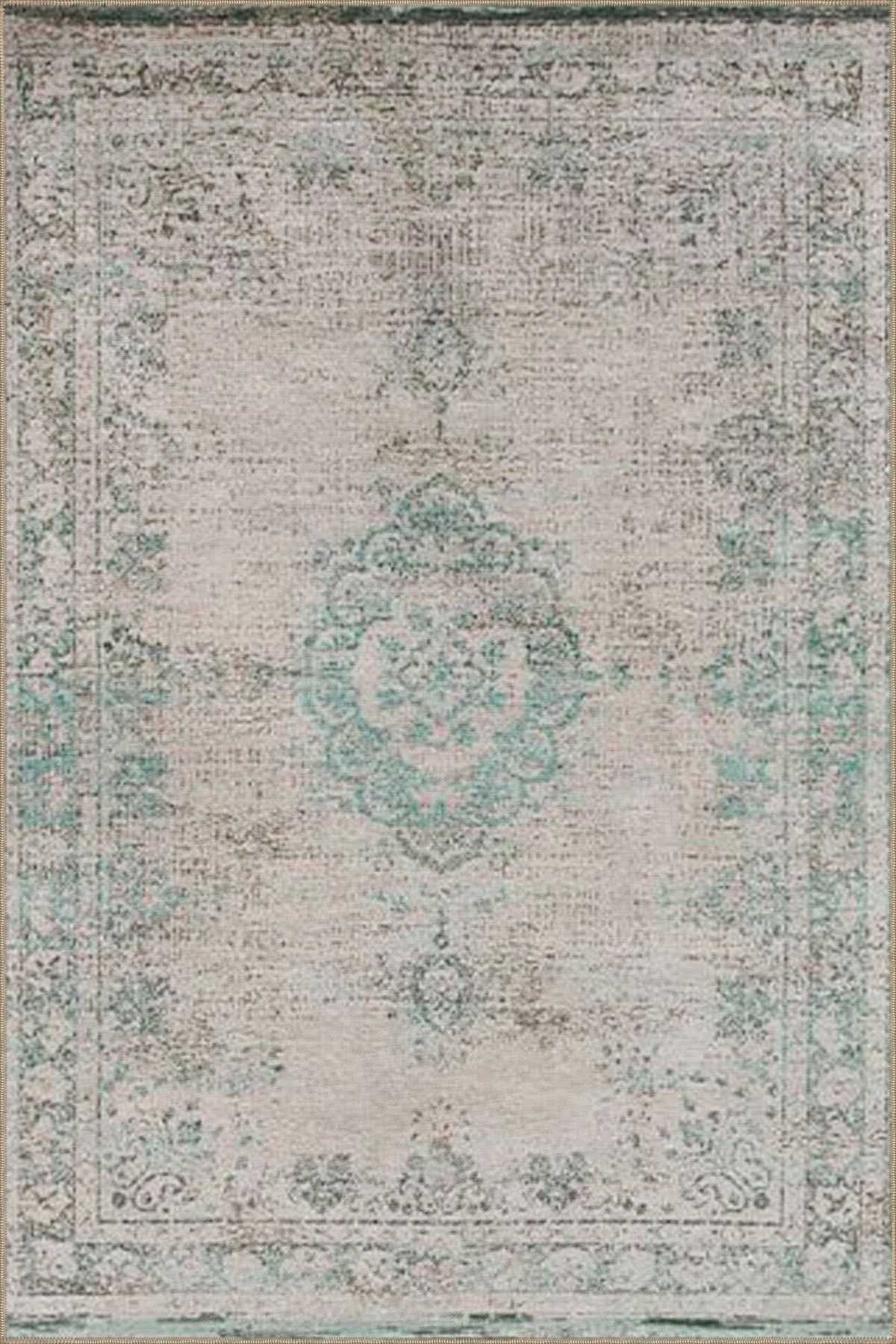 Geleneksel Krem Mavi Geometrik Desenli Dokuma Taban miravip817