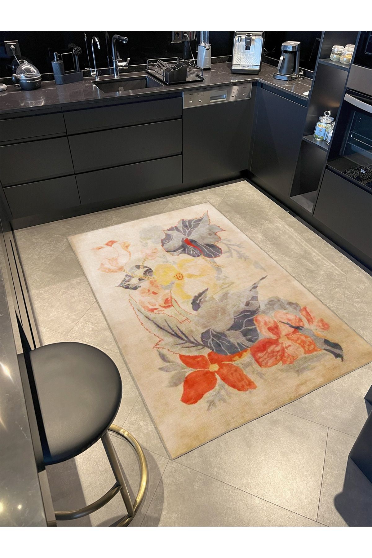 Bej Temalı Soyut Çiçek Desenli Kreatif Modern Dekoratif Halı 3826