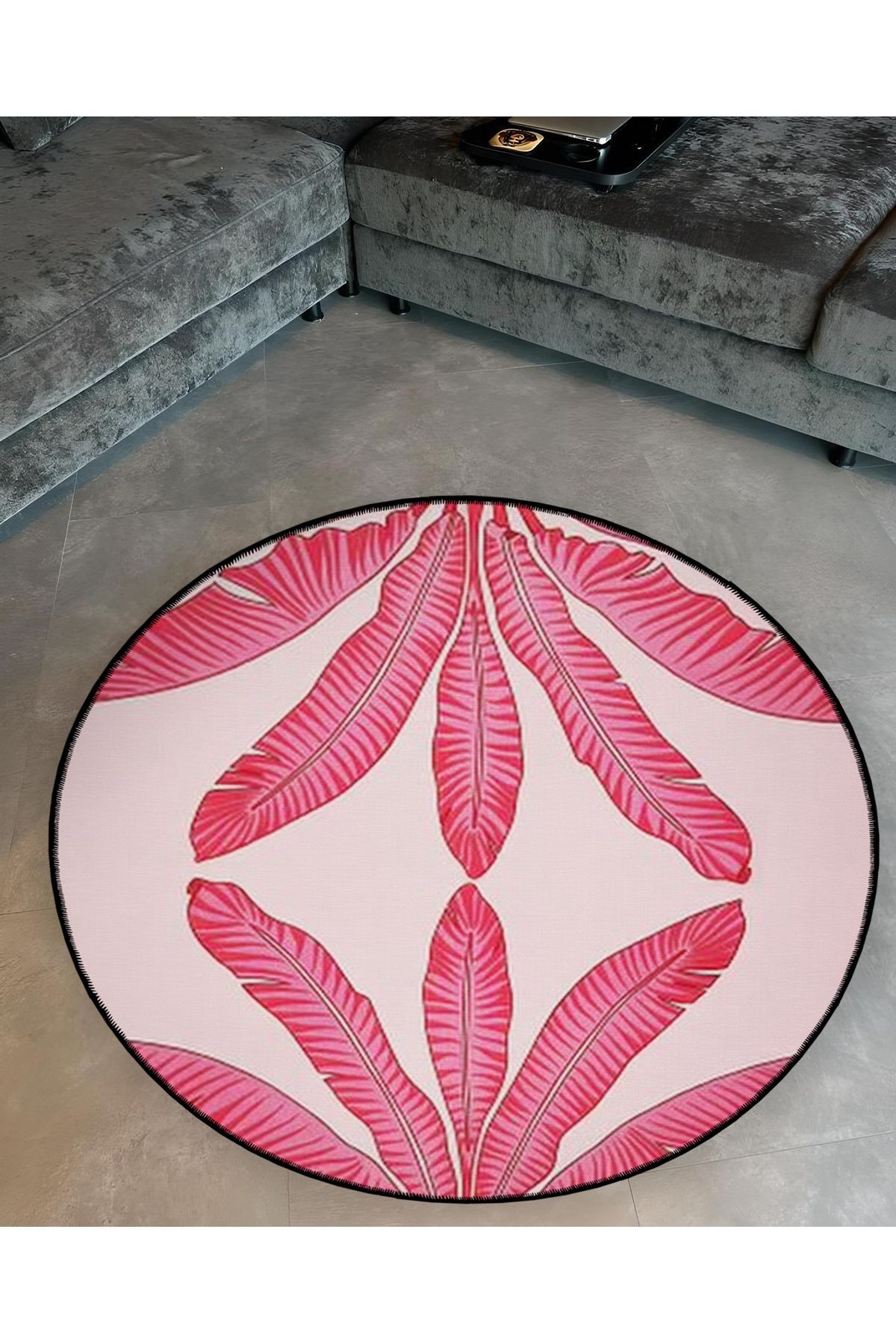 Pudra Pembe Tropikal Yapraklar Desenli Yuvarlak Dokuma Taban Modern Dekoratif Halı 6114