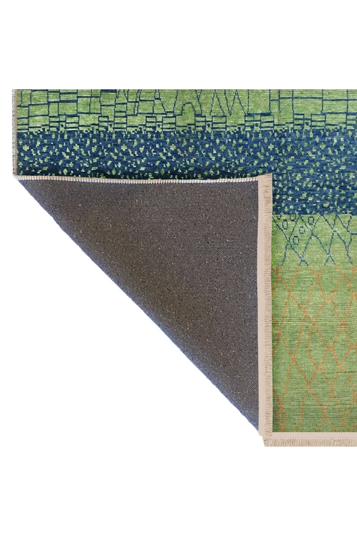 Emre Koleksiyonu Yeşil Mavi Temalı Geometrik Detay Desenli Dokuma Taban Modern Dekoratif Halı 09