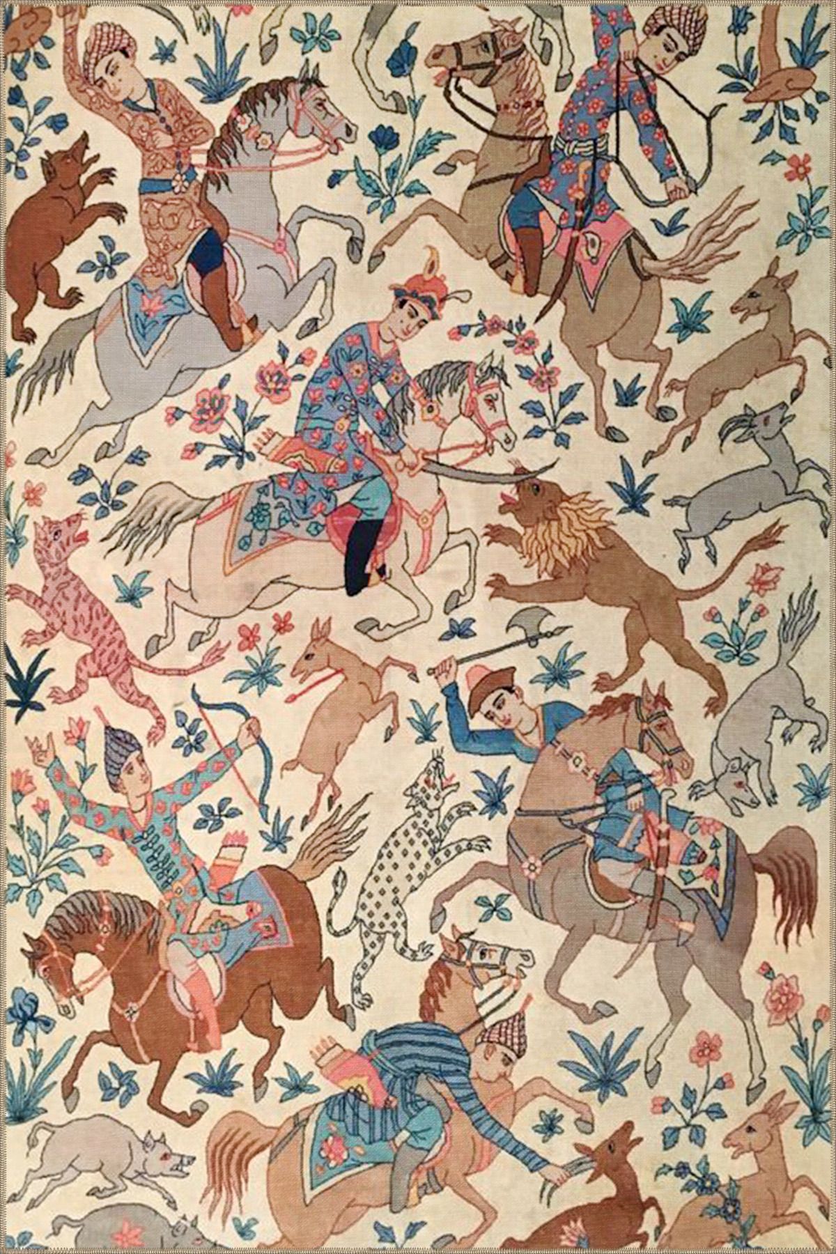 Krem Tonlarda Ağaçlı Hayvanlı Desenli Dokuma Taban Halı miravip395