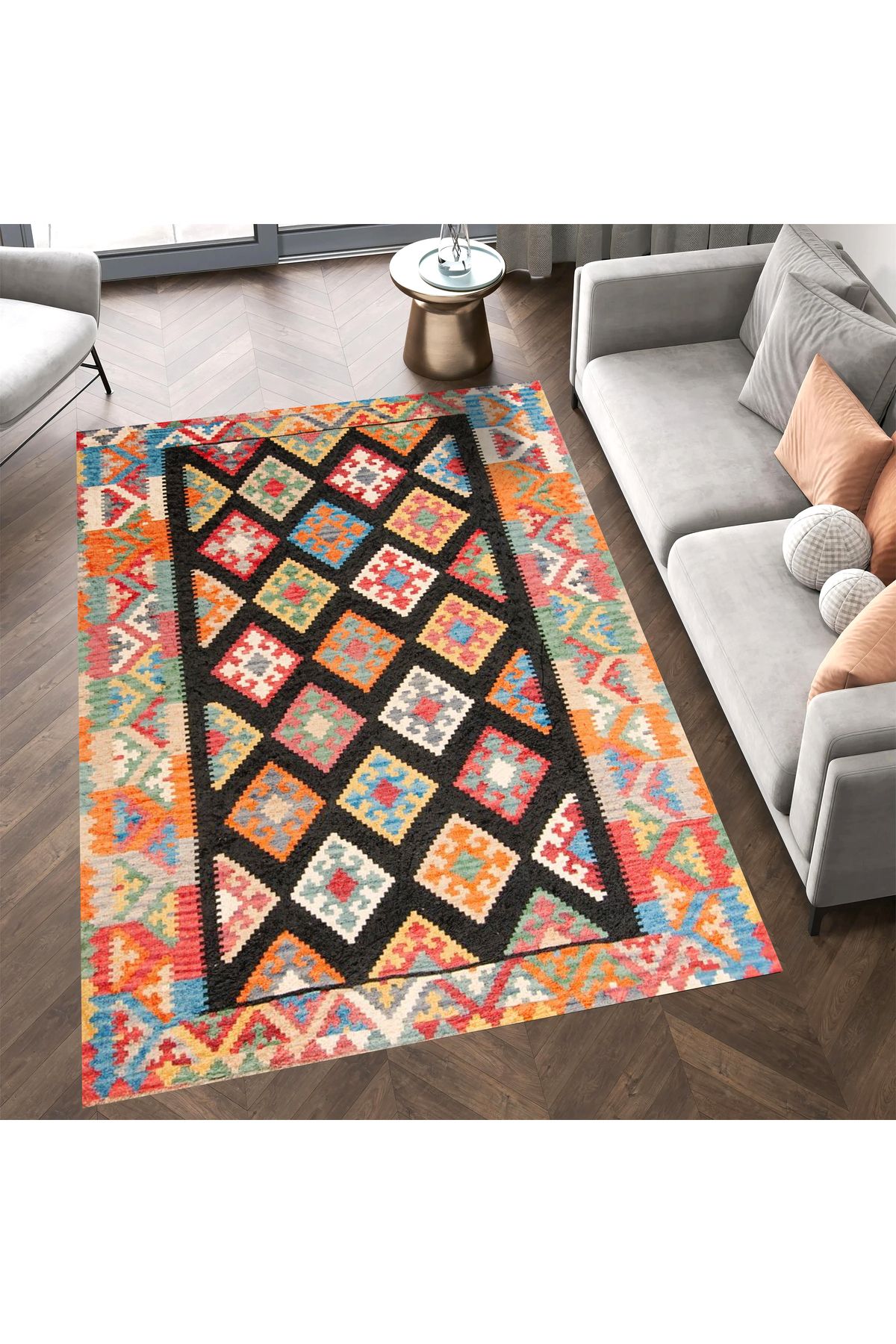 Aysu Koleksiyonu Çok Renkli Etnik Desenli Siyah Detaylı Dokuma Taban Modern Dekoratif Halı aysu12