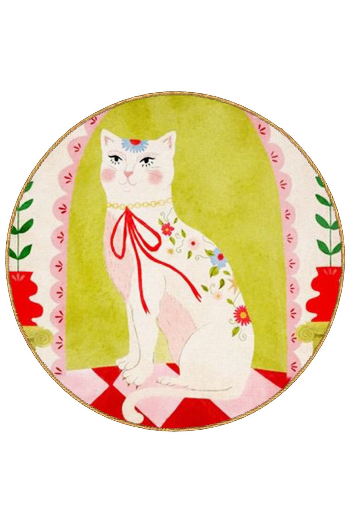 Yeşil Tema Kedi ve Çiçek Desenli Yuvarlak Dokuma Taban Modern Dekoratif Halı 6111