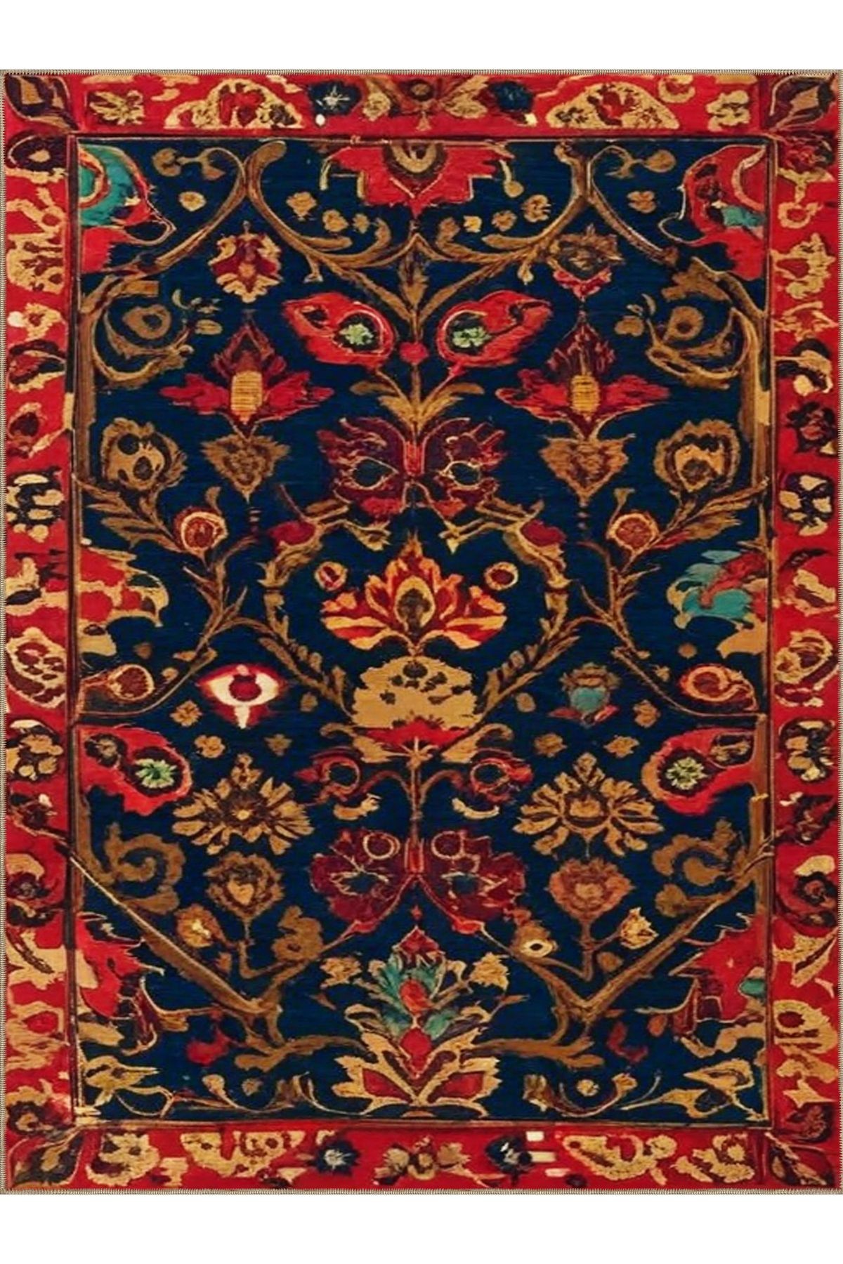 Royal Çiçek ve Etnik Figürler Desenli Püskül Detaylı Dokuma Taban Dekoratif Halı royal34