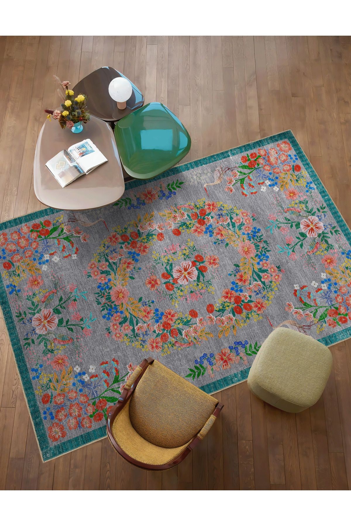 Floral Mira Gri Tema Çok Renkli Çiçek Desenli Renkli Dokuma Taban Halı Mira 2917