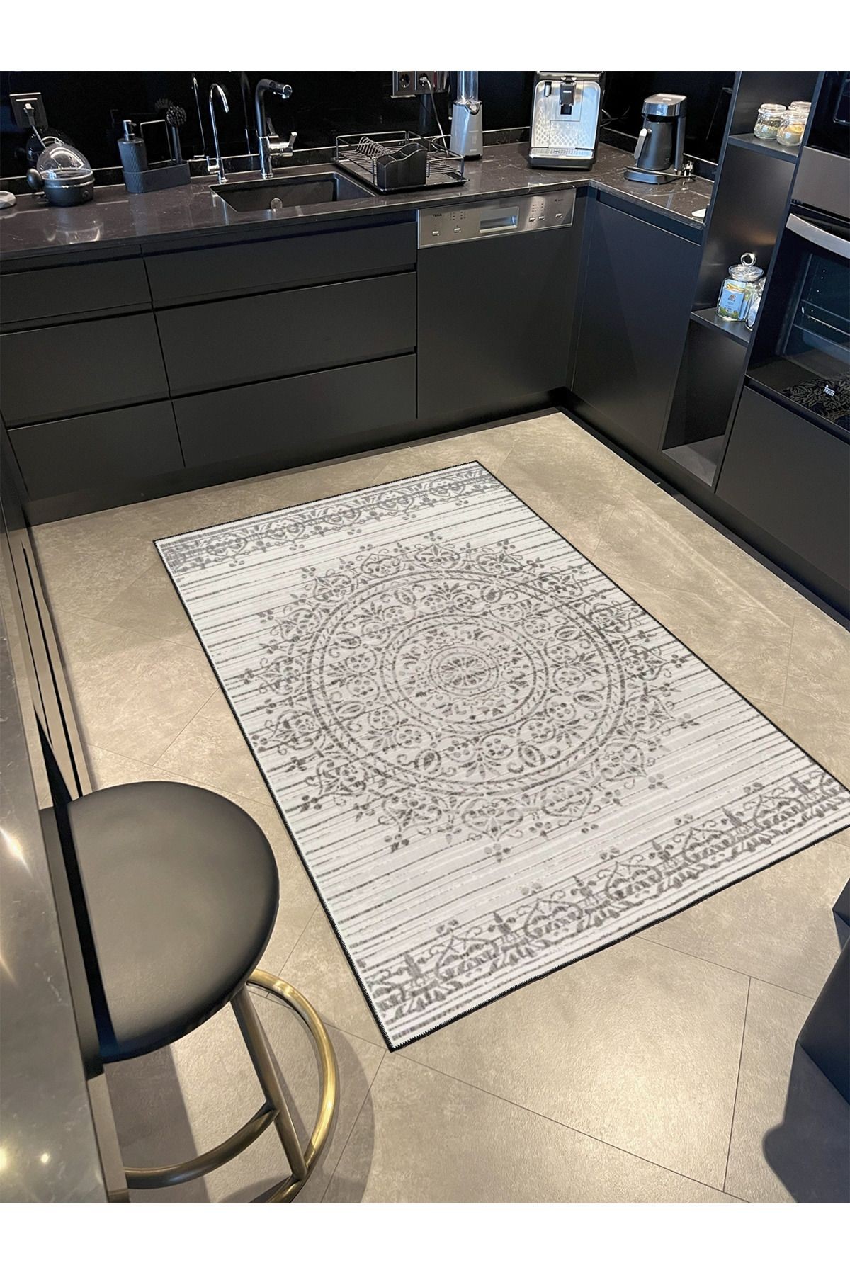 Antrasit Geometrik Şekilli Desenli Dekoratif Yıkanabilir Halı miravip8430