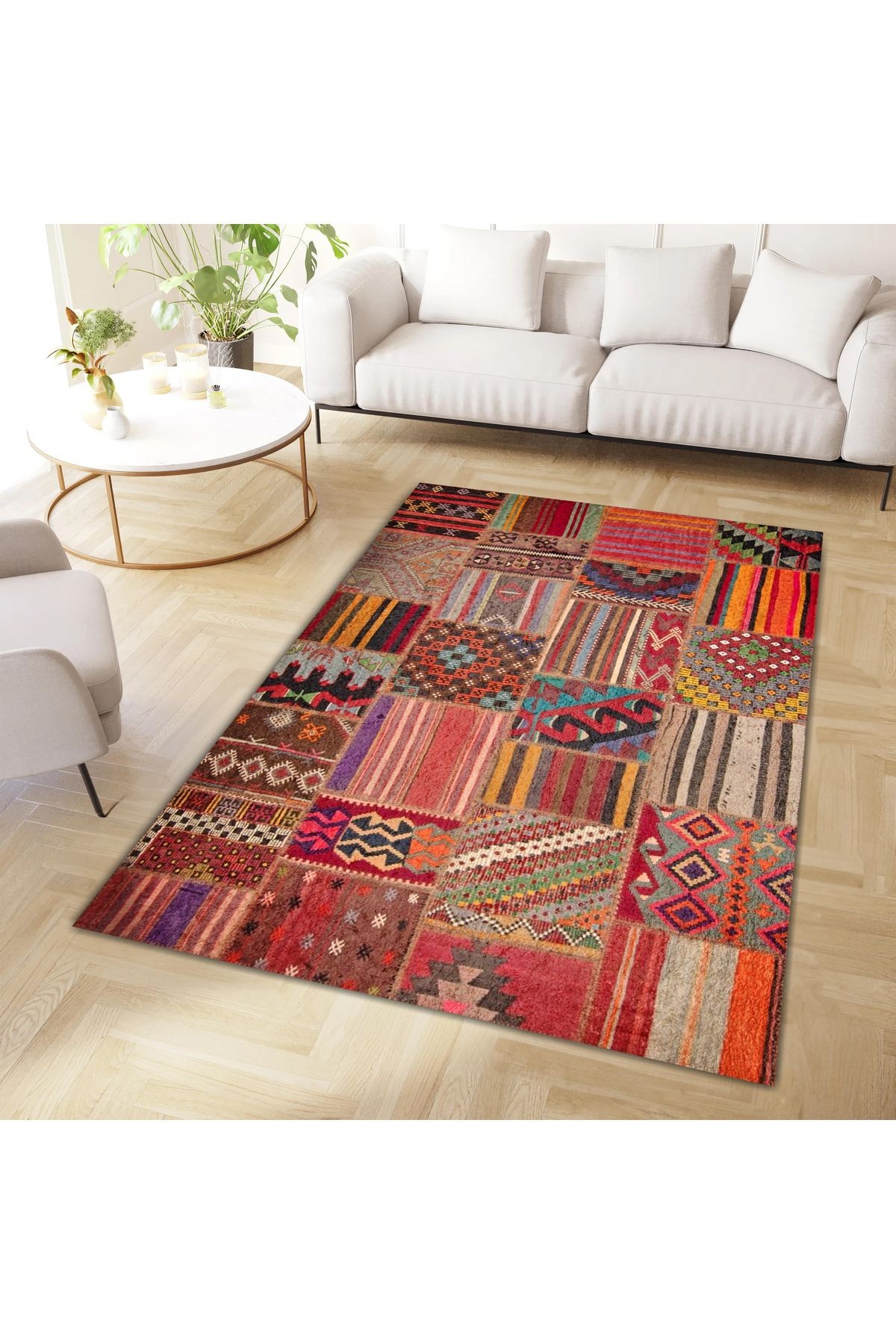 Aysu Koleksiyonu Çok Renkli Patchwork Görünümlü Dokuma Taban Modern Dekoratif Halı aysu15