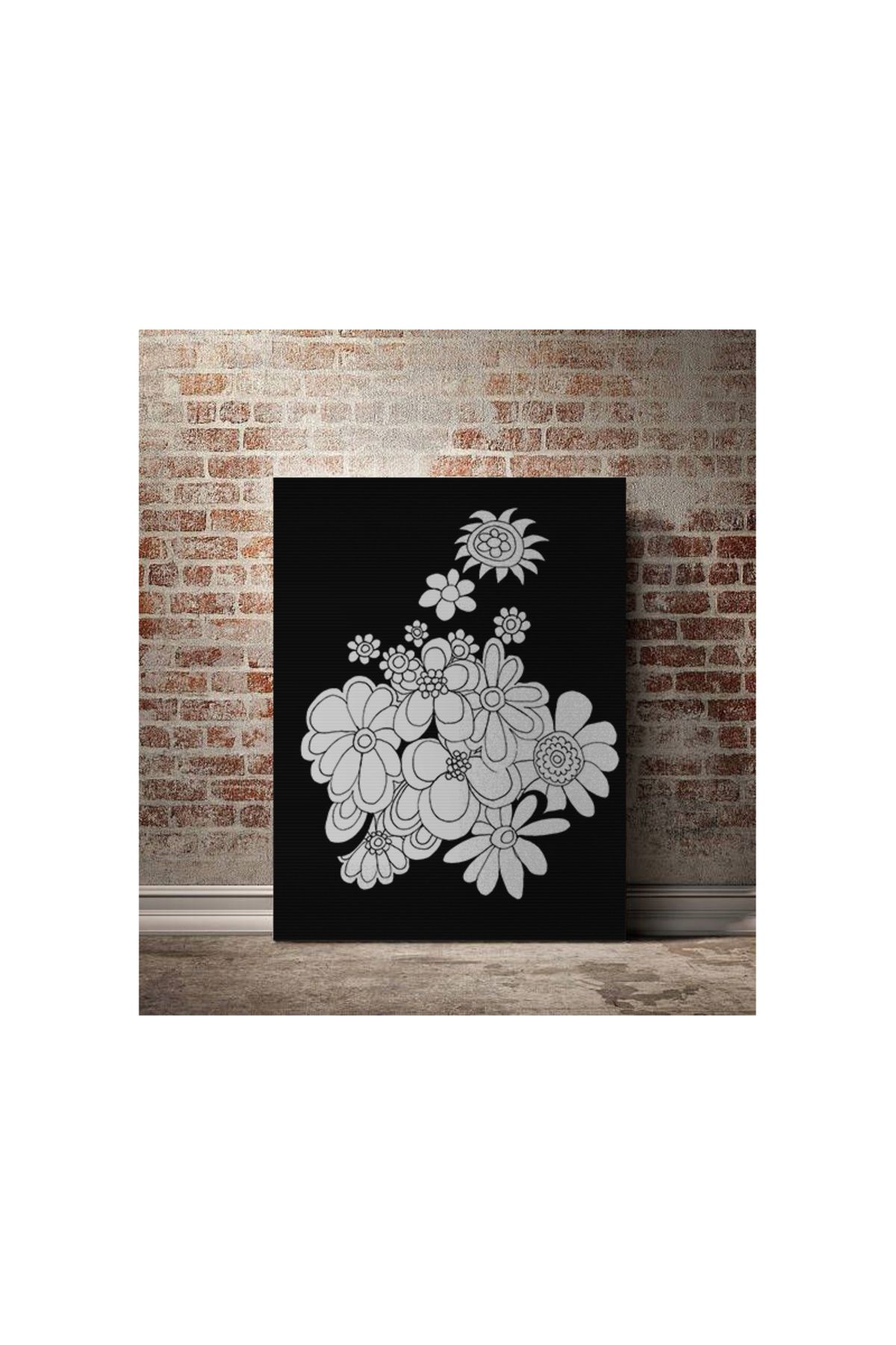 Kanvas Tablo Siyah Temalı Beyaz Çiçekli Temalı Modern Tablo
