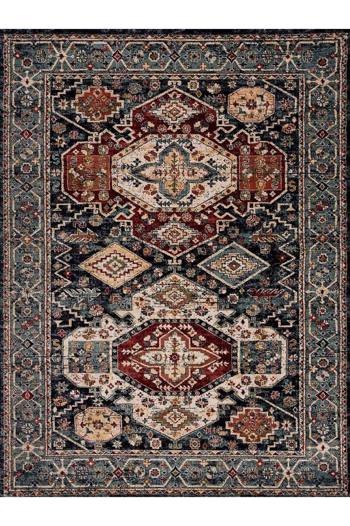 İnci Koleksiyonu Koyu Ton Etnik Geleneksel Desenli Dokuma Taban Vintage Dekoratif Halı inci15