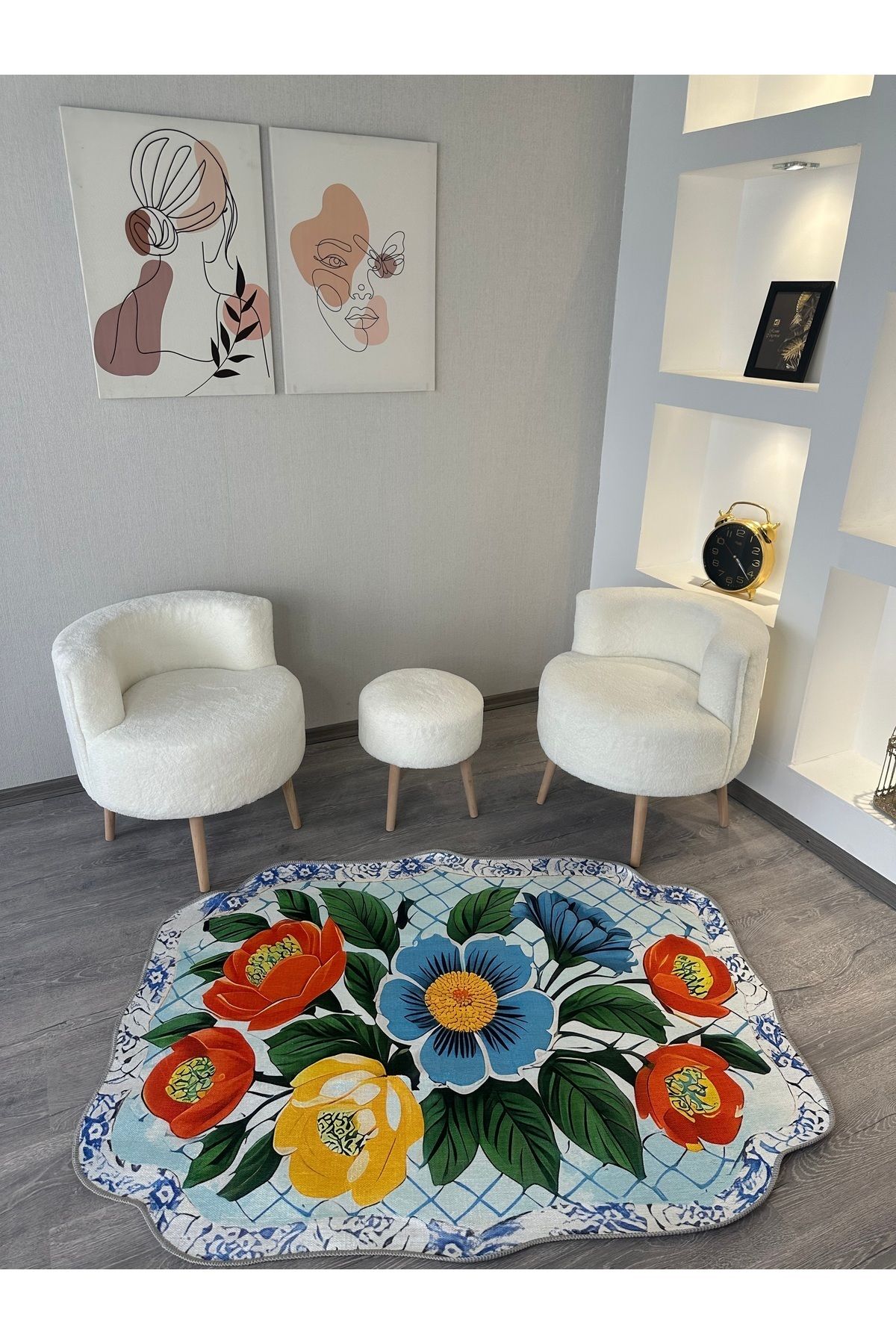 Leyla Koleksiyonu Çok Renkli Çiçekler Desenli Dokuma Taban Dekoratif Halı leyla55