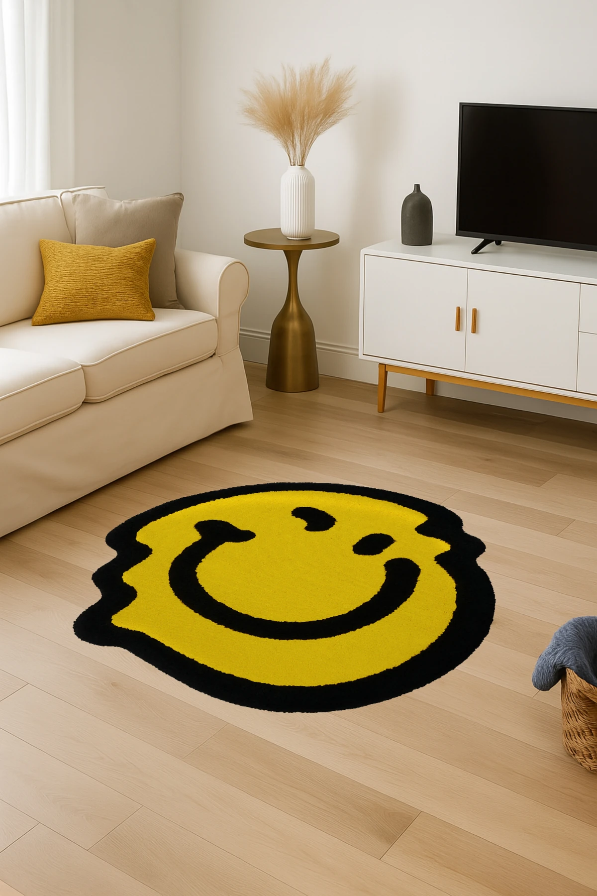 MOSSO Sarı Güler Yüz Emojisi Desenli Dokuma Taban Modern Dekoratif Halı mosso342