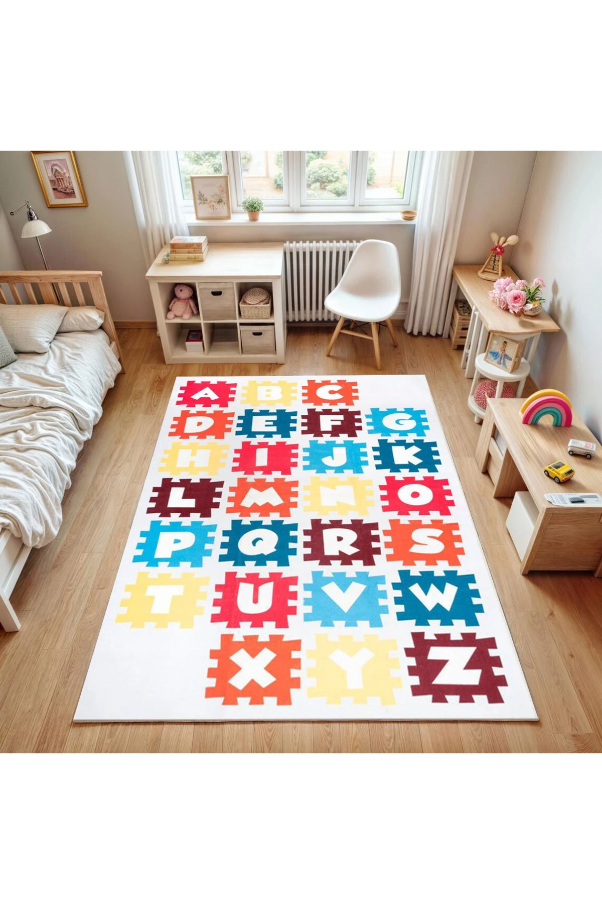 Asya Koleksiyonu Çok Renkli Harfler Desenli Dokuma Taban Modern Dekoratif Halı asya23