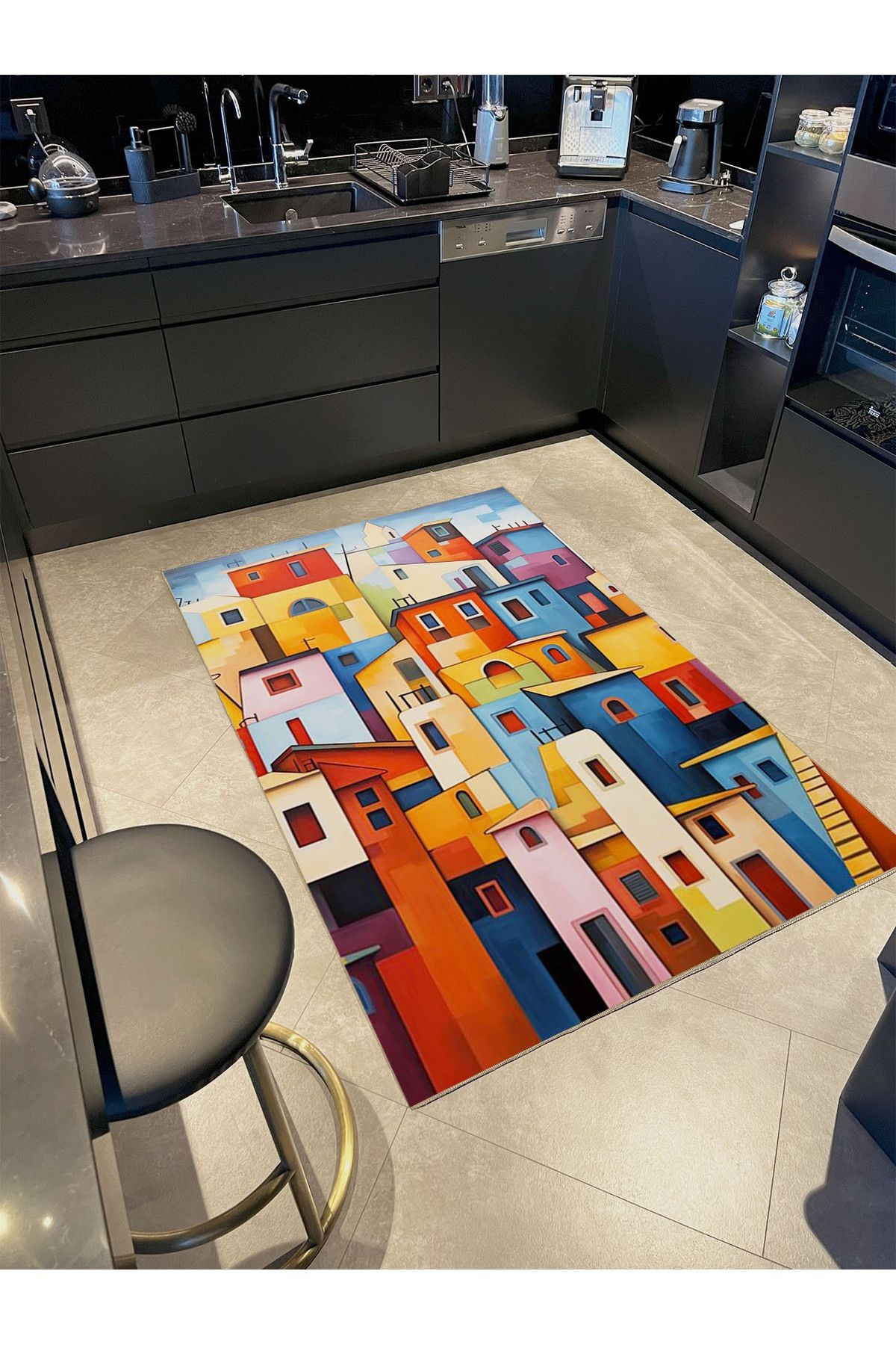 Kemal Koleksiyonu Çok Renkli Karma Evler Desenli Dokuma Taban Modern Dekoratif Halı 19