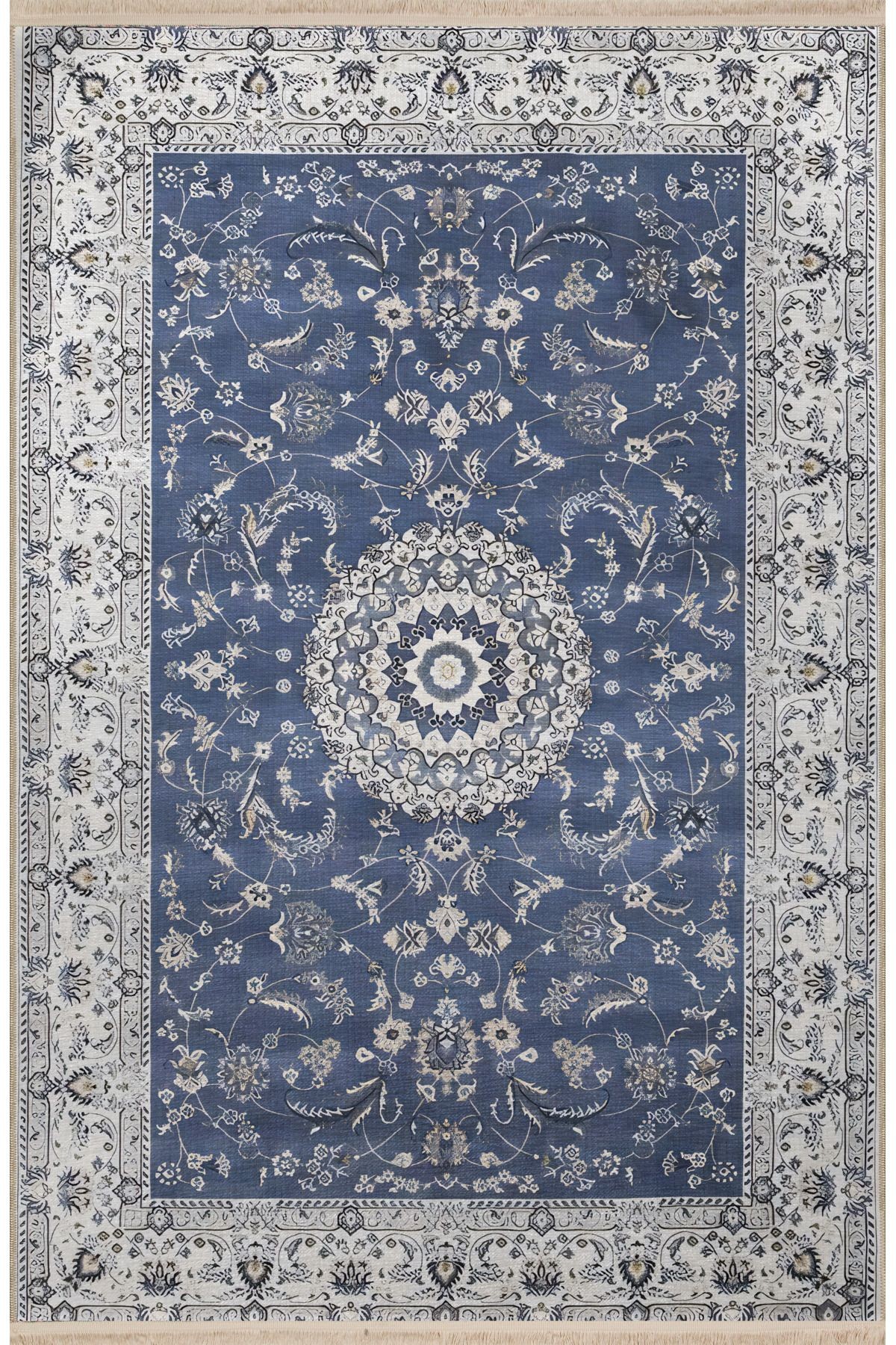 Lacivert Temalı Geleneksel Motif Çiçek Desenli Kreatif Vintage Dekoratif Halı 2423