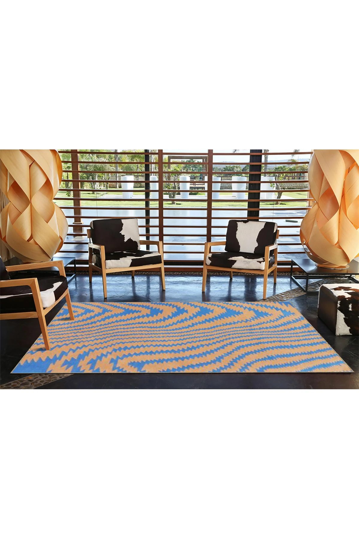 Kahverengi Mavi Çizgili Dalgalı Desenli Modern Dekoratif Halı miravip477