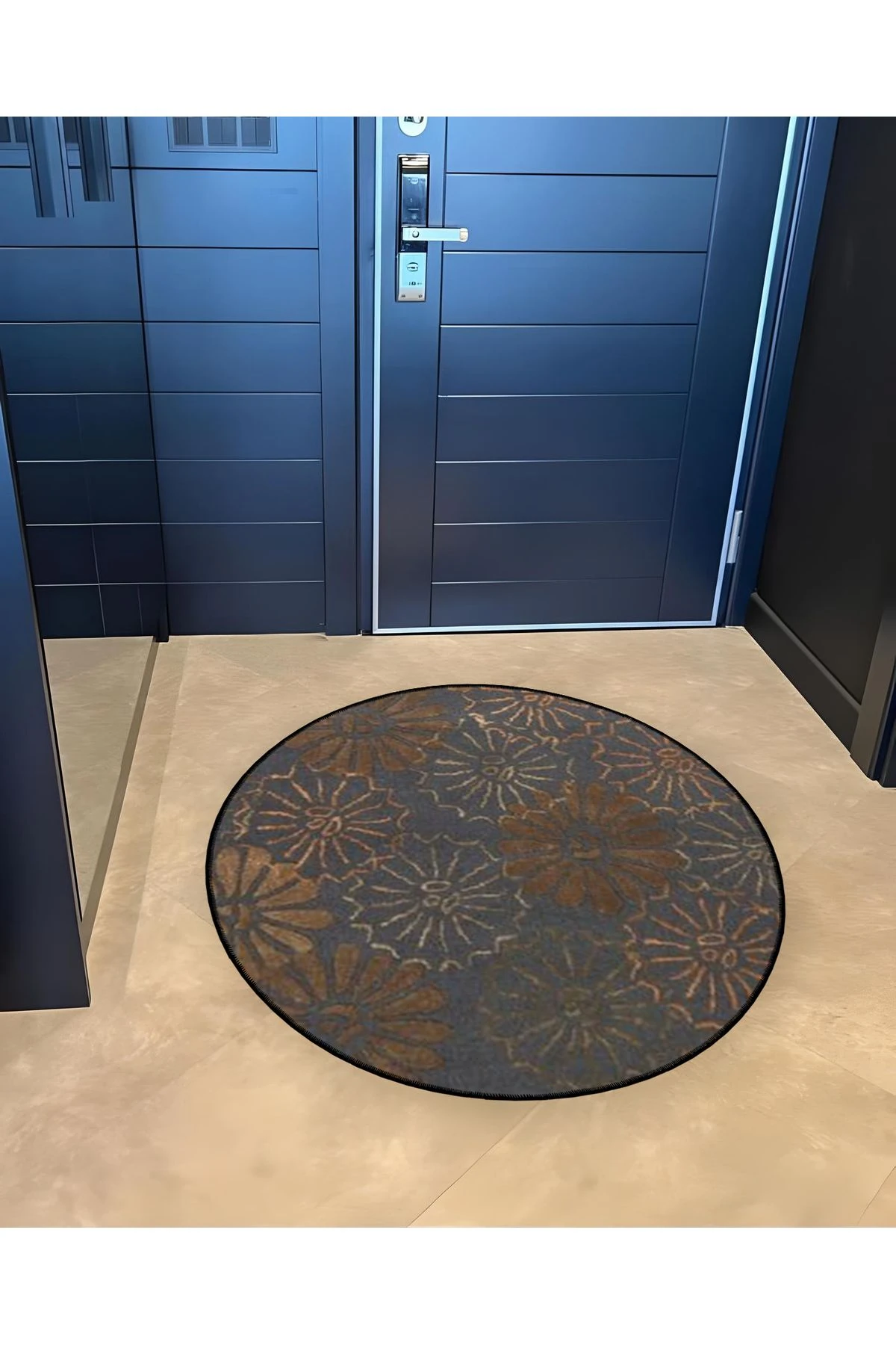 Mira Yuvarlak Gri Kahve Çiçek Detaylı Dokuma Taban Modern Dekoratif Halı 5570