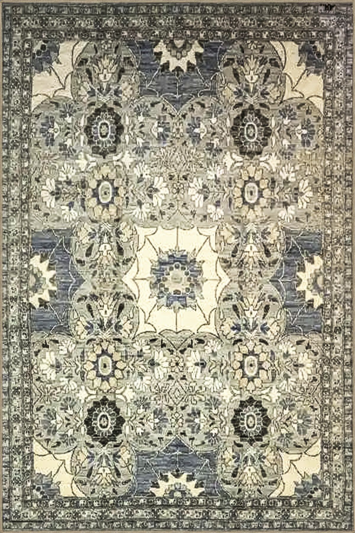 Gri Bej Temalı Geleneksel Motif Çiçek Desenli Vintage Dekoratif Halı 3515