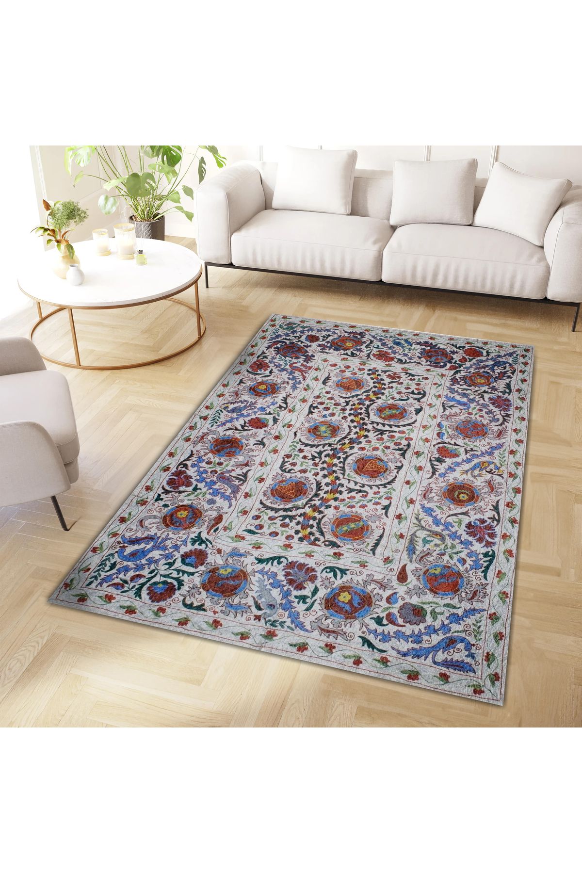 Mete Koleksiyonu Çok Renkli Floral Motifler ve Sarmaşık Desenli Vintage Dekoratif Halı 20