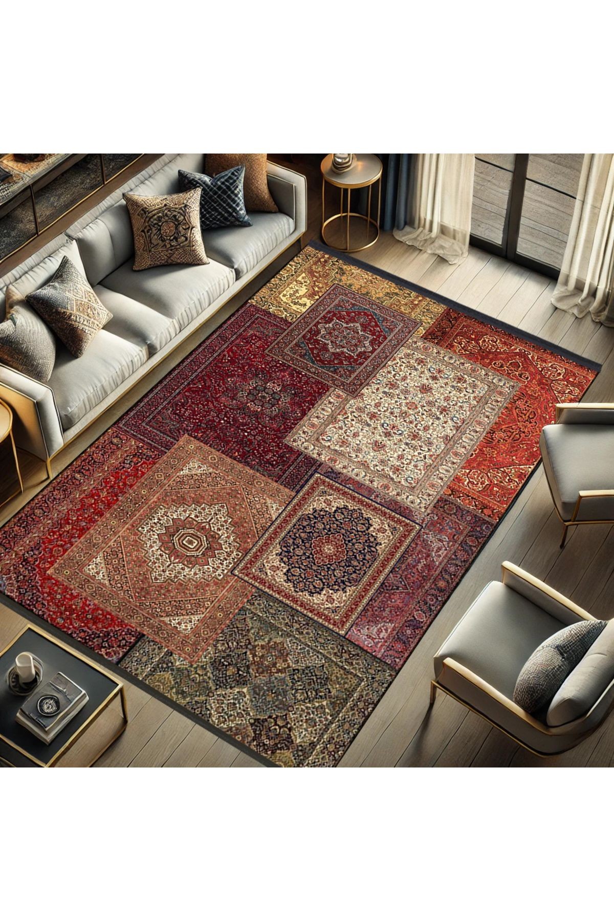 Kuvars Koleksiyonu Çok Renkli Vintage Motifler Desenli Dokuma Taban Etnik Dekoratif Halı kuvars26