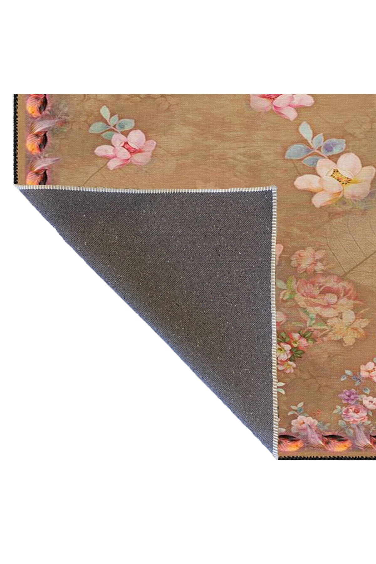 Çiçekli Modern Kahverengi Etnik Desenli Dokuma Taban ve Dekoratif Yıkanabilir Halı miravip8613