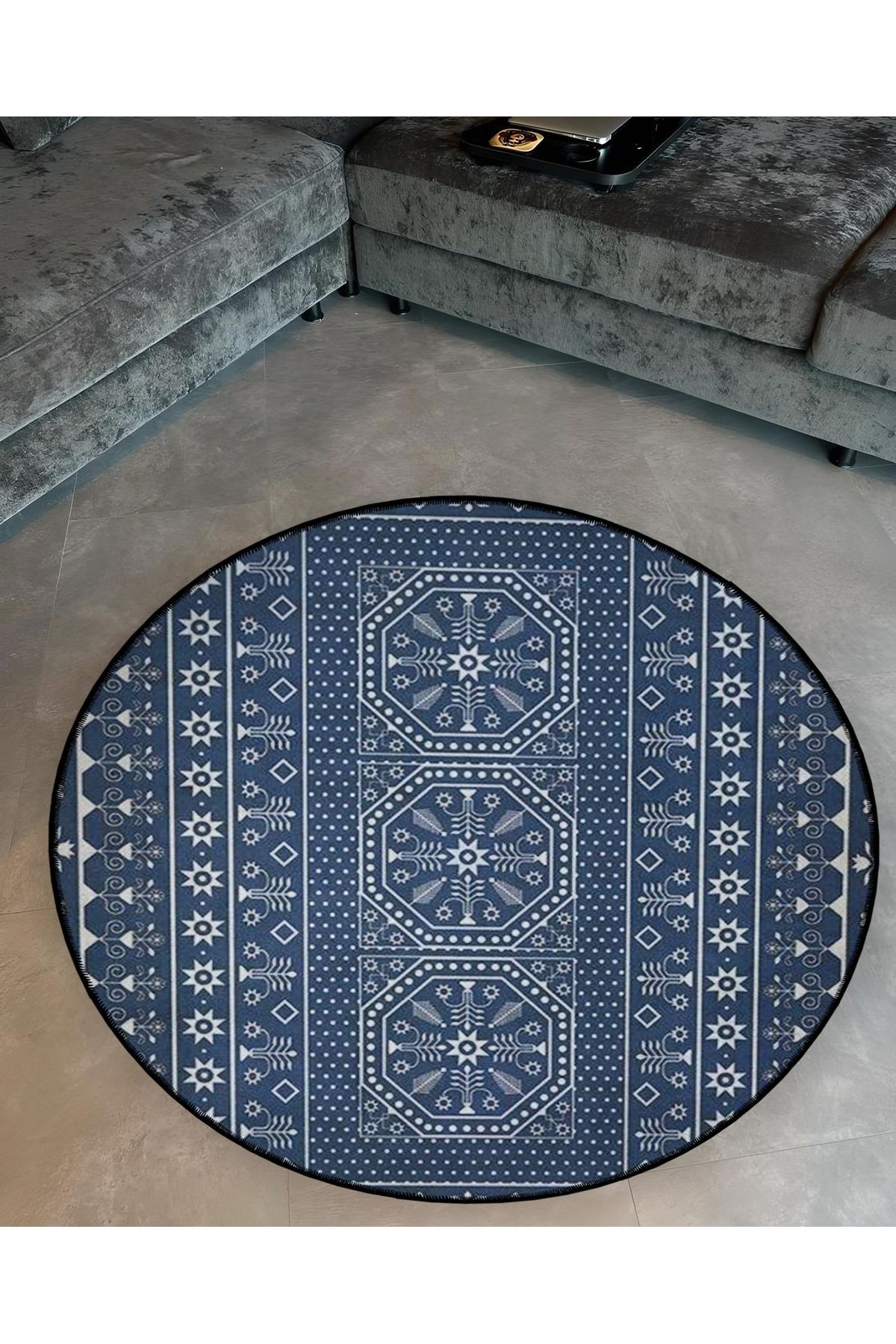 Mira Yuvarlak Lacivert Beyaz Etnik Desenli Dokuma Taban Modern Dekoratif Halı 5637