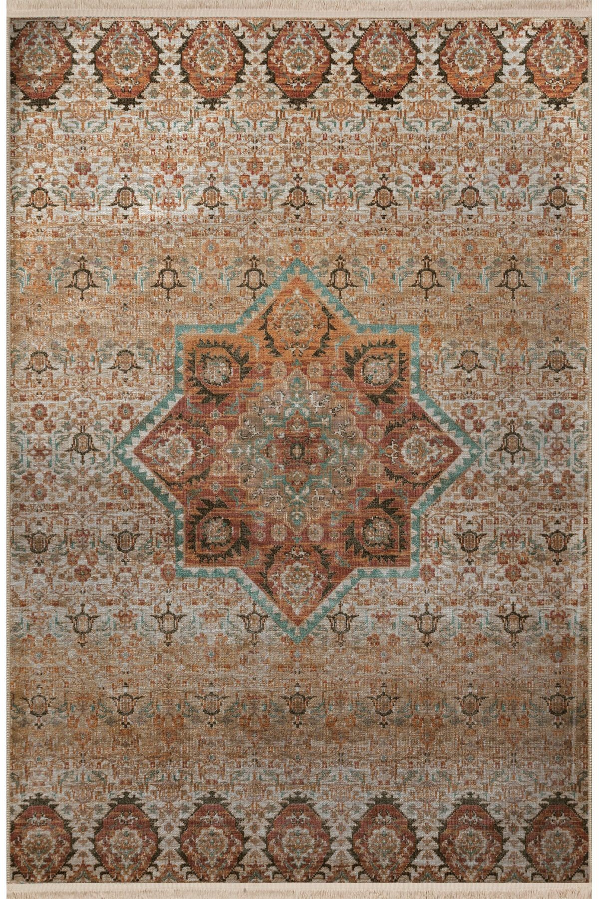 Bej Temalı Motifli Etnik Çiçek Desenli Kreatif Vintage Dekoratif Halı 3029