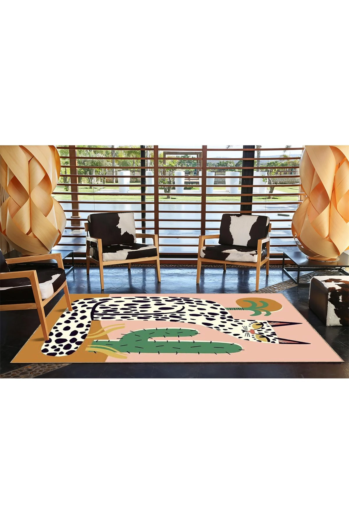 Pembe Renk Temalı Kaktüs ve Kedi Desenli Halı 3714