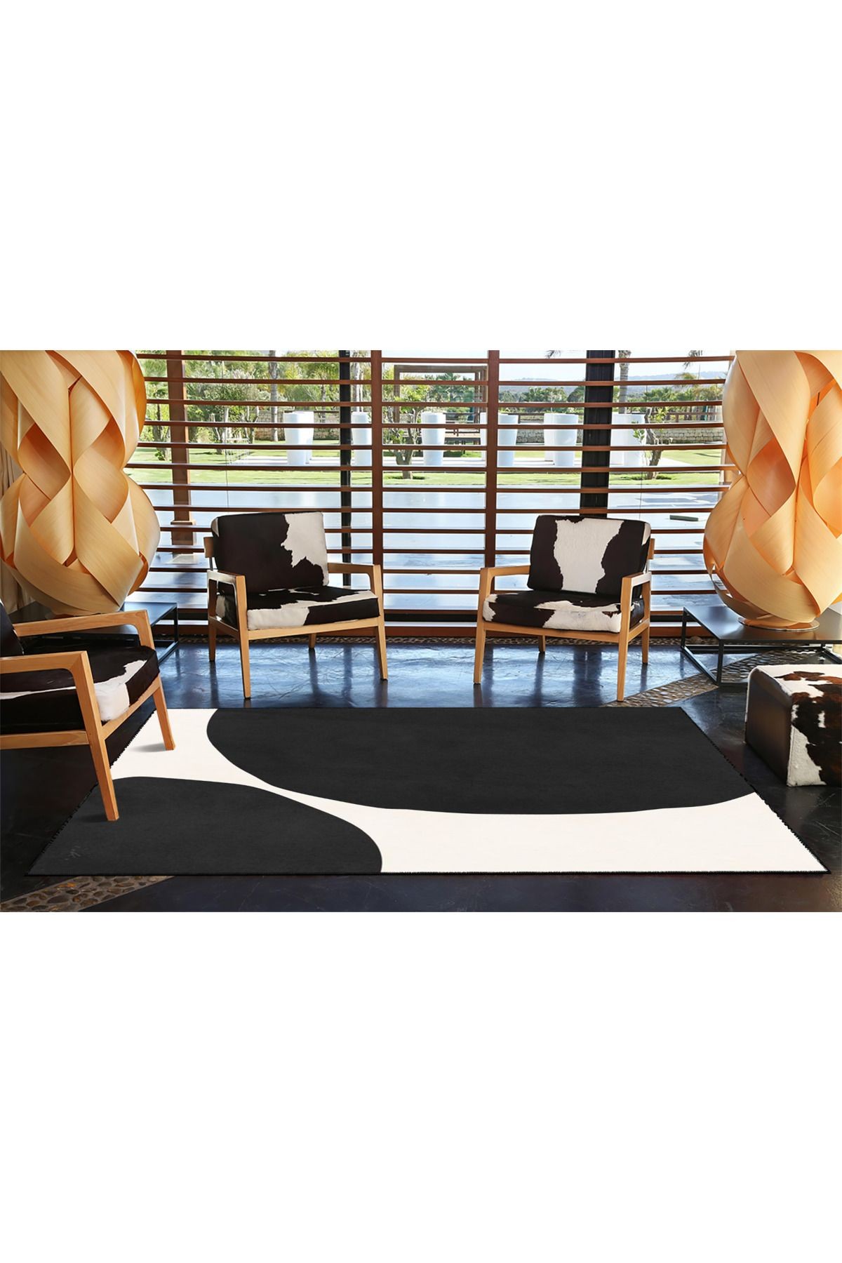 Siyah Daire Temalı Desenli Modern Dekoratif Halı ve Yıkanabilir Halı miravip9583